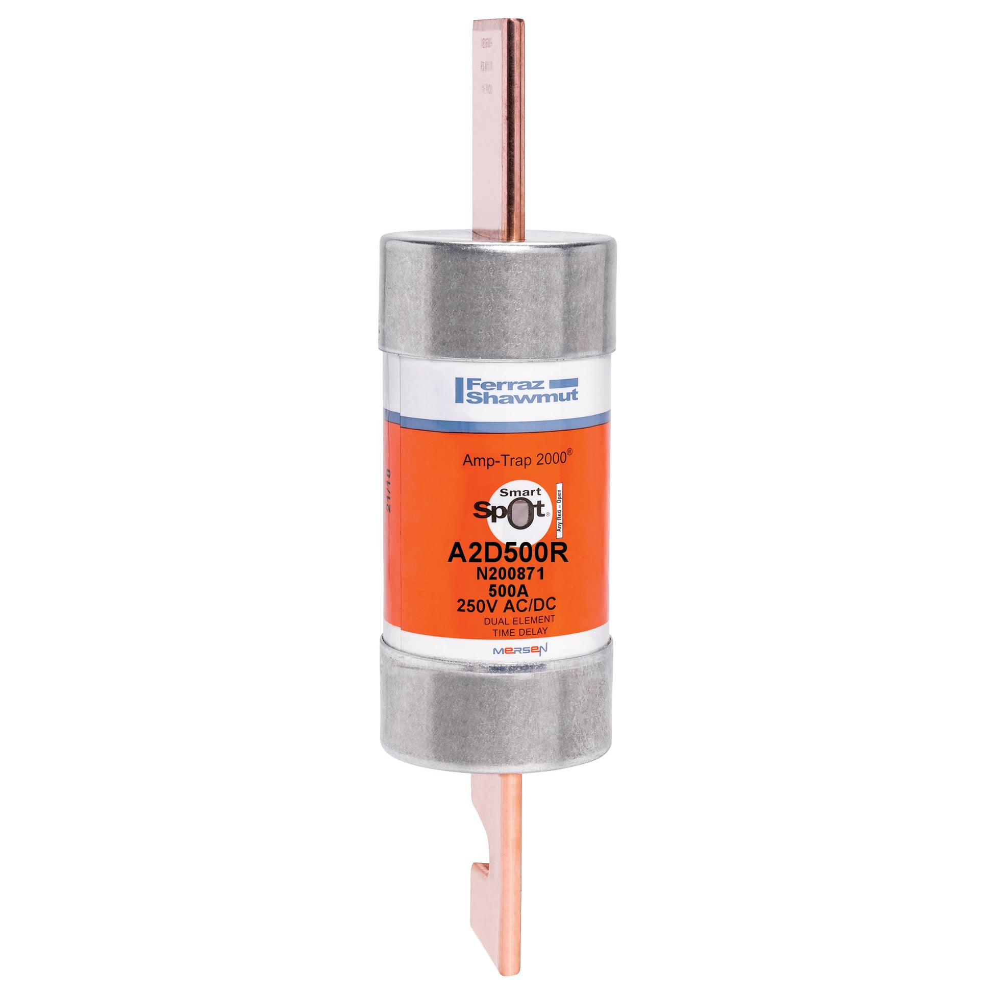 A2D500R Amp-Trap 2000 SmartSpot Low Voltage North American Style Time Delay Power Fuse, 500 A, 250 V AC, 200 kA Interrupt, RK1 Class, Cylindrical Body