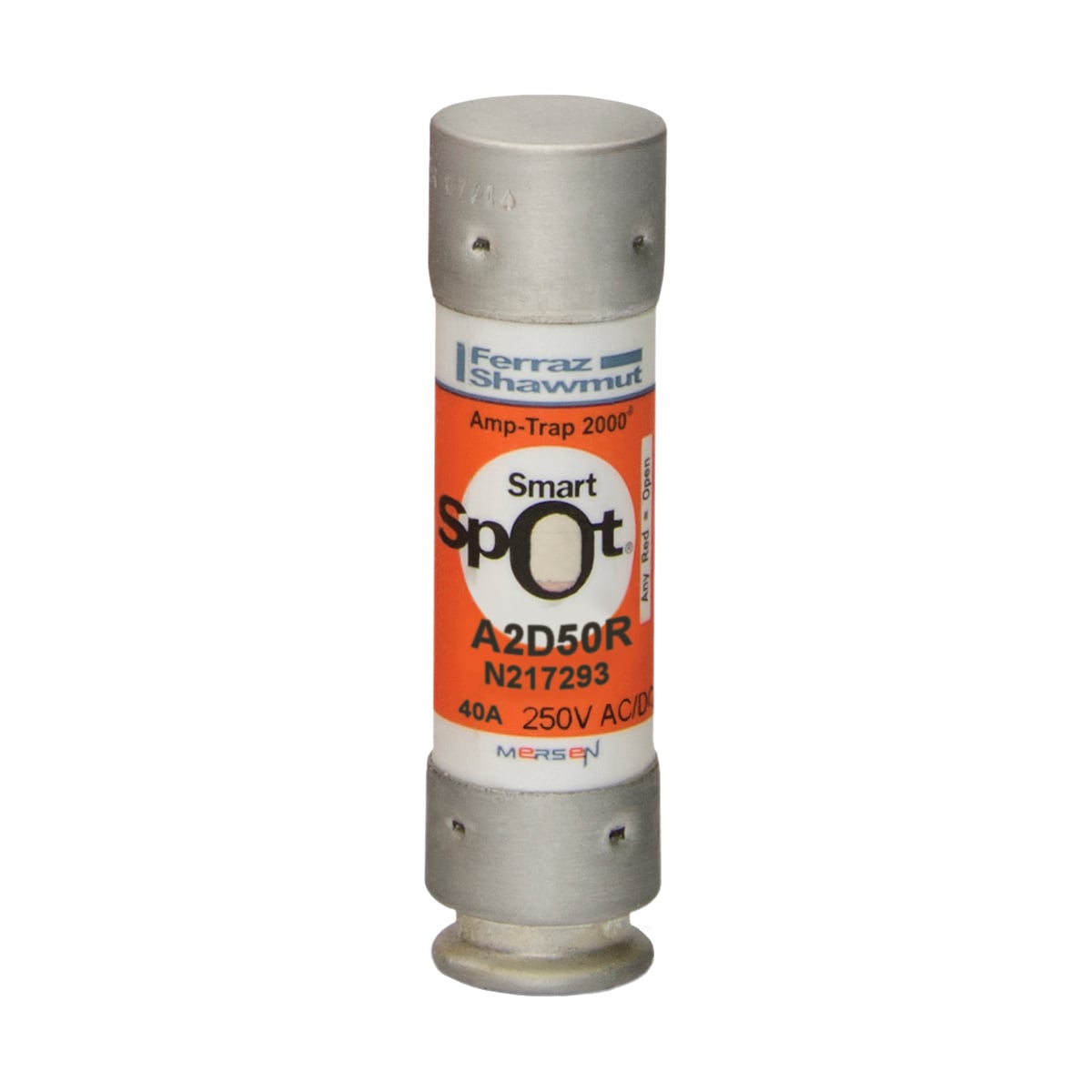 A2D50R Amp-Trap 2000 SmartSpot Current Limiting Low Voltage North American Time Delay Power Fuse, 50 A, 250 V AC, 200 kA Interrupt, RK1 Class, Cylindrical Body