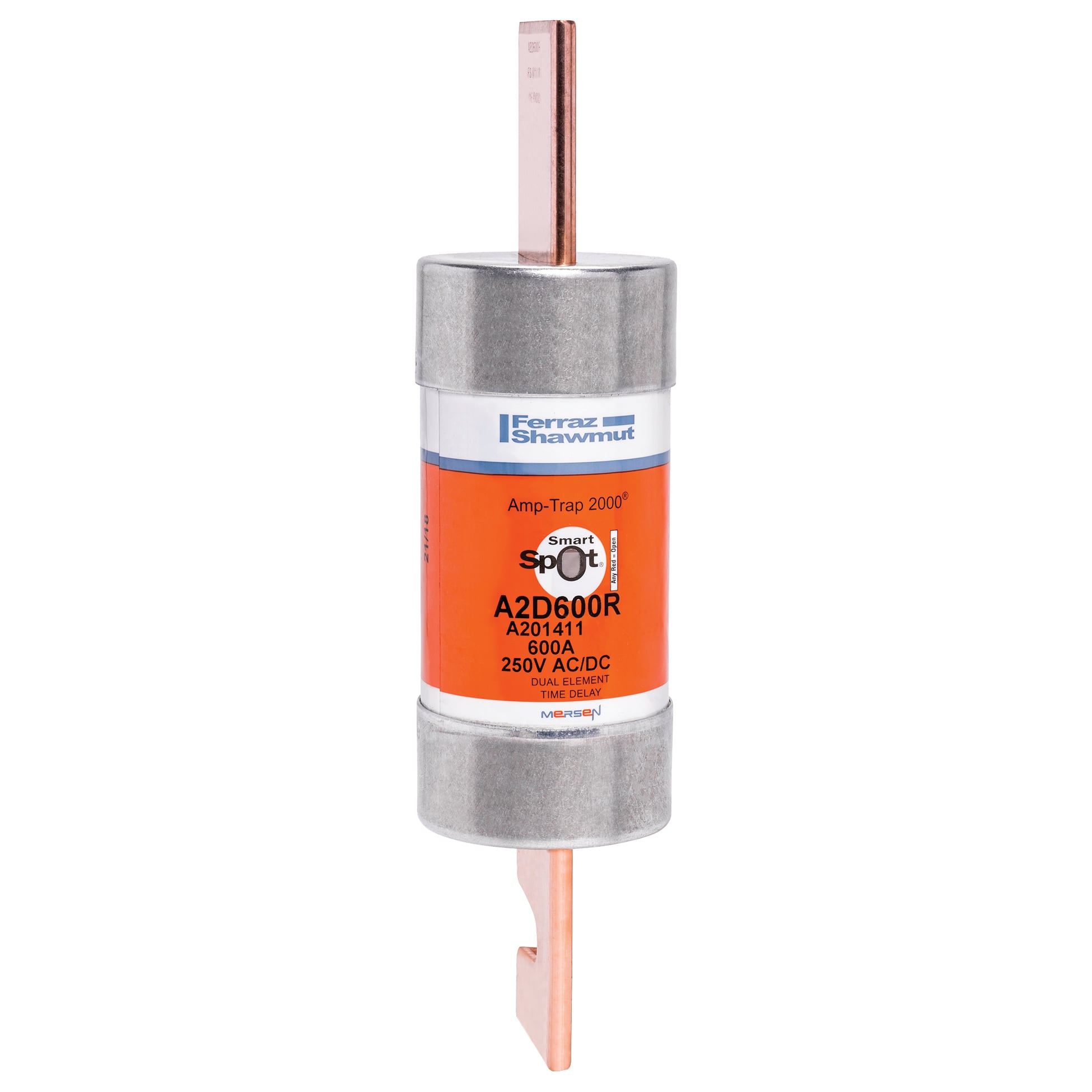A2D600R Amp-Trap 2000 SmartSpot Current Limiting Low Voltage North American Time Delay Power Fuse, 600 A, 250 V AC, 200 kA Interrupt, RK1 Class, Cylindrical Body
