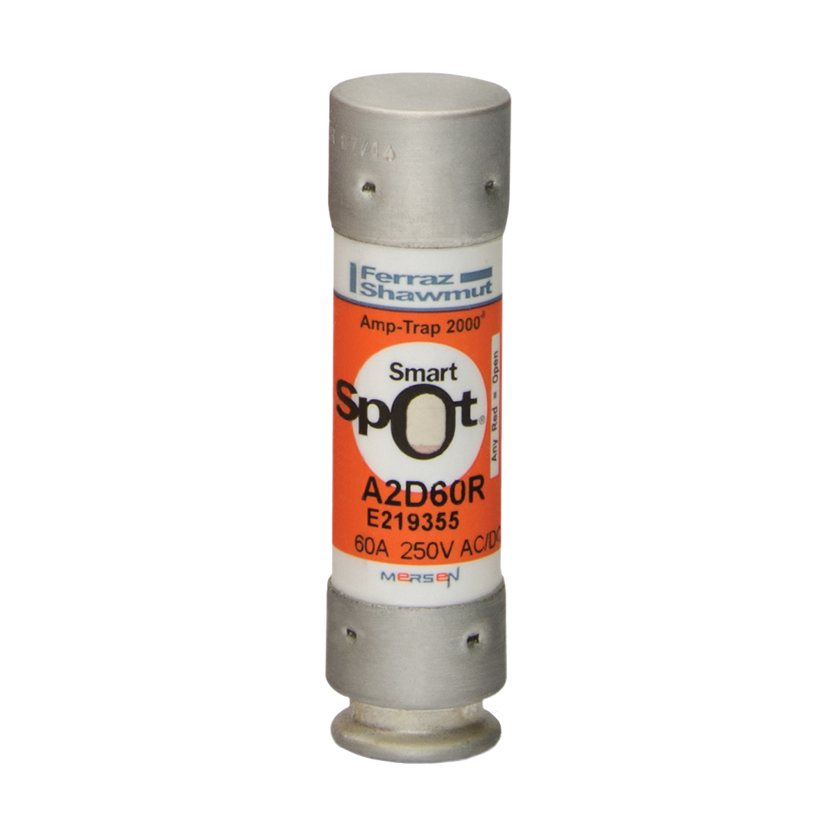 A2D60R Amp-Trap 2000 SmartSpot Current Limiting Low Voltage North American Time Delay Power Fuse, 60 A, 250 V AC, 200 kA Interrupt, RK1 Class, Cylindrical Body