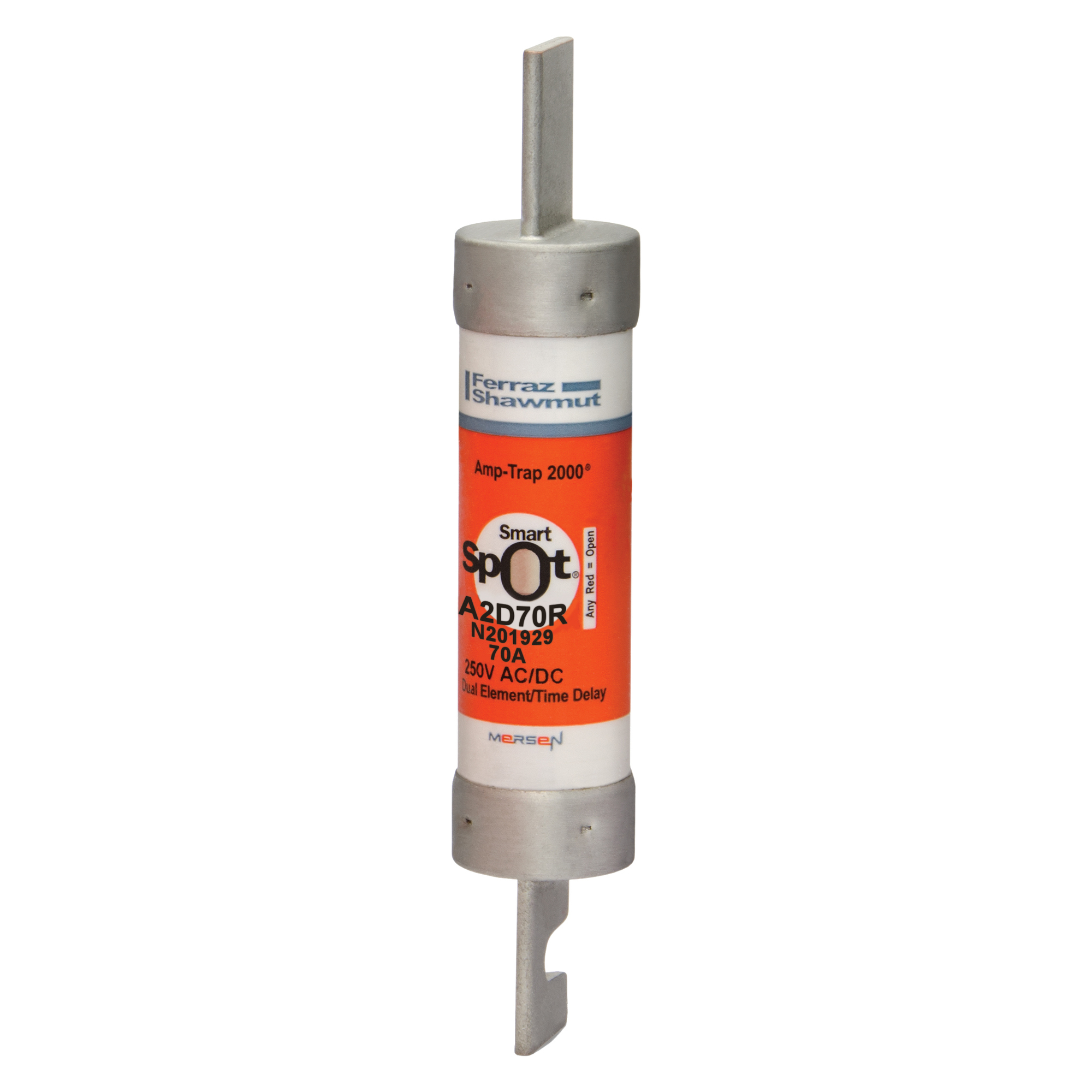 A2D70R Amp-Trap 2000 SmartSpot Current Limiting Low Voltage North American Time Delay Power Fuse, 70 A, 250 V AC, 200 kA Interrupt, RK1 Class, Cylindrical Body