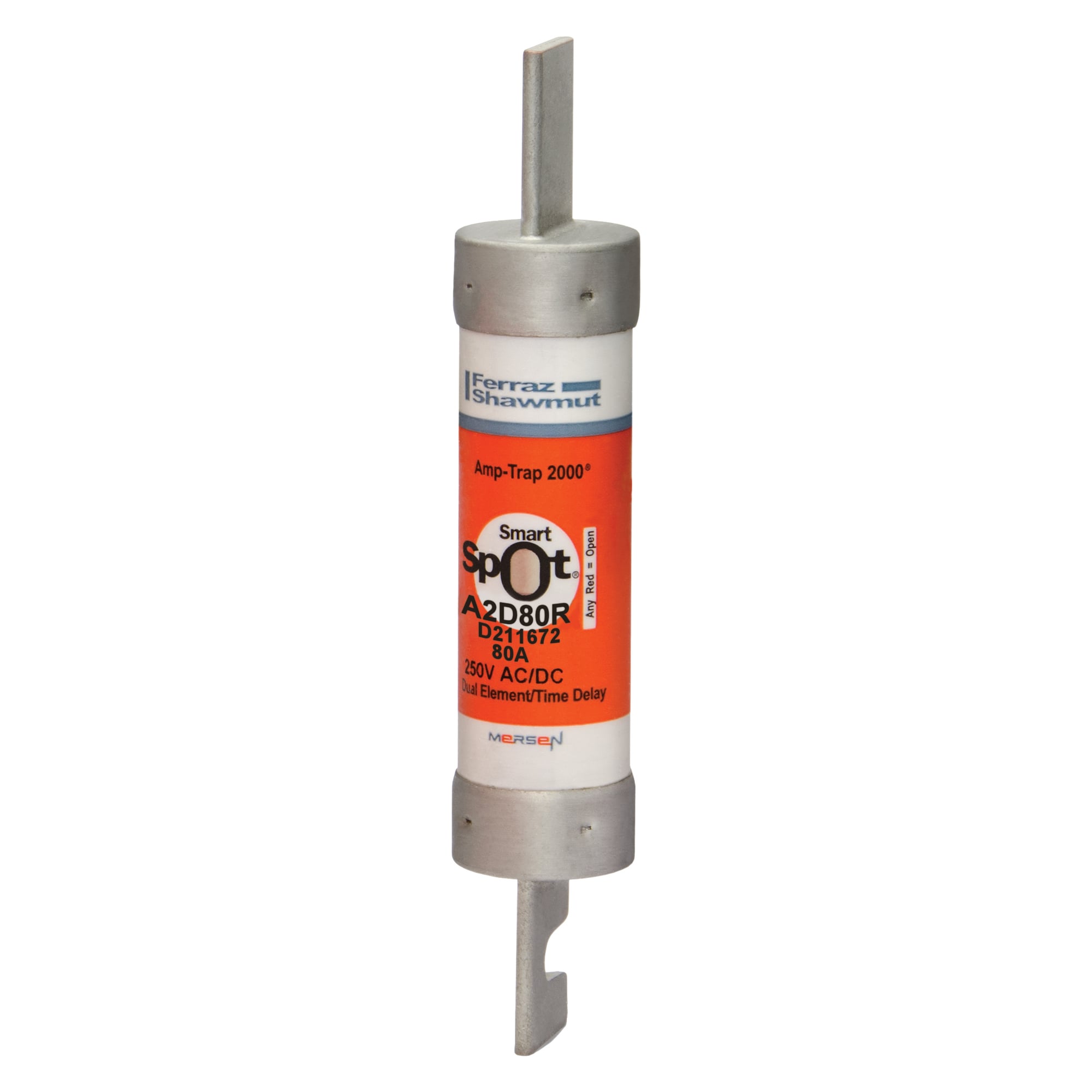 A2D80R Amp-Trap 2000 SmartSpot Current Limiting Low Voltage North American Time Delay Power Fuse, 80 A, 250 V AC, 200 kA Interrupt, RK1 Class, Cylindrical Body