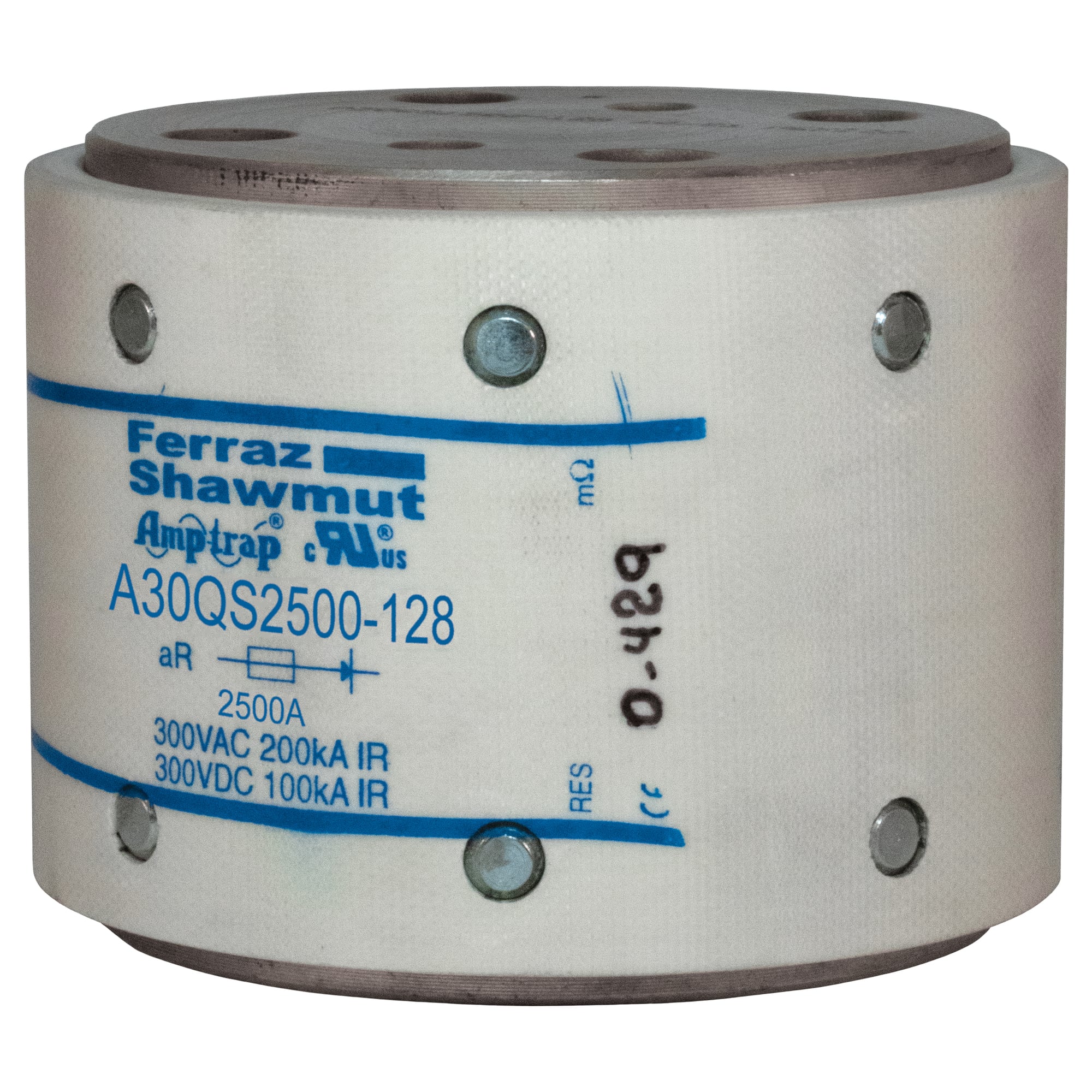 A30QS2500-128 Amp-Trap High Speed North American Style Semiconductor Fuse, 2500 A, 300 V AC/DC, 100/200 kA Interrupt, Class: Form 101, Cylindrical/Round Body
