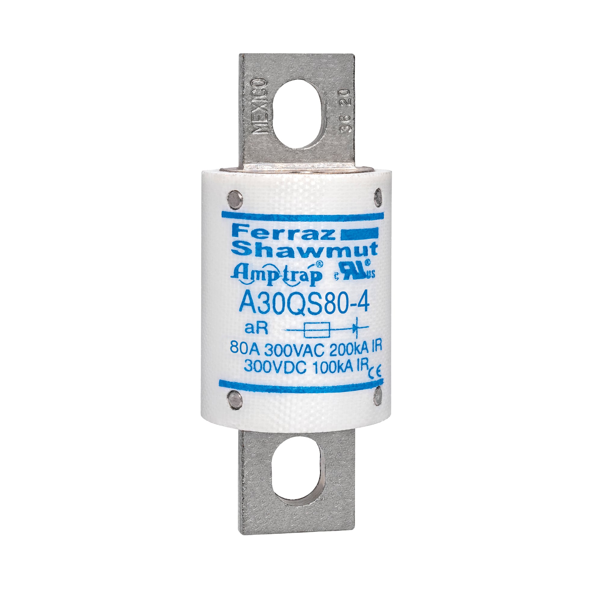 A30QS80-4 Amp-Trap Current Limiting Fast Acting High Speed Semiconductor Fuse, 80 A, 300 V AC/DC, 200/100 kA Interrupt, Cylindrical Body