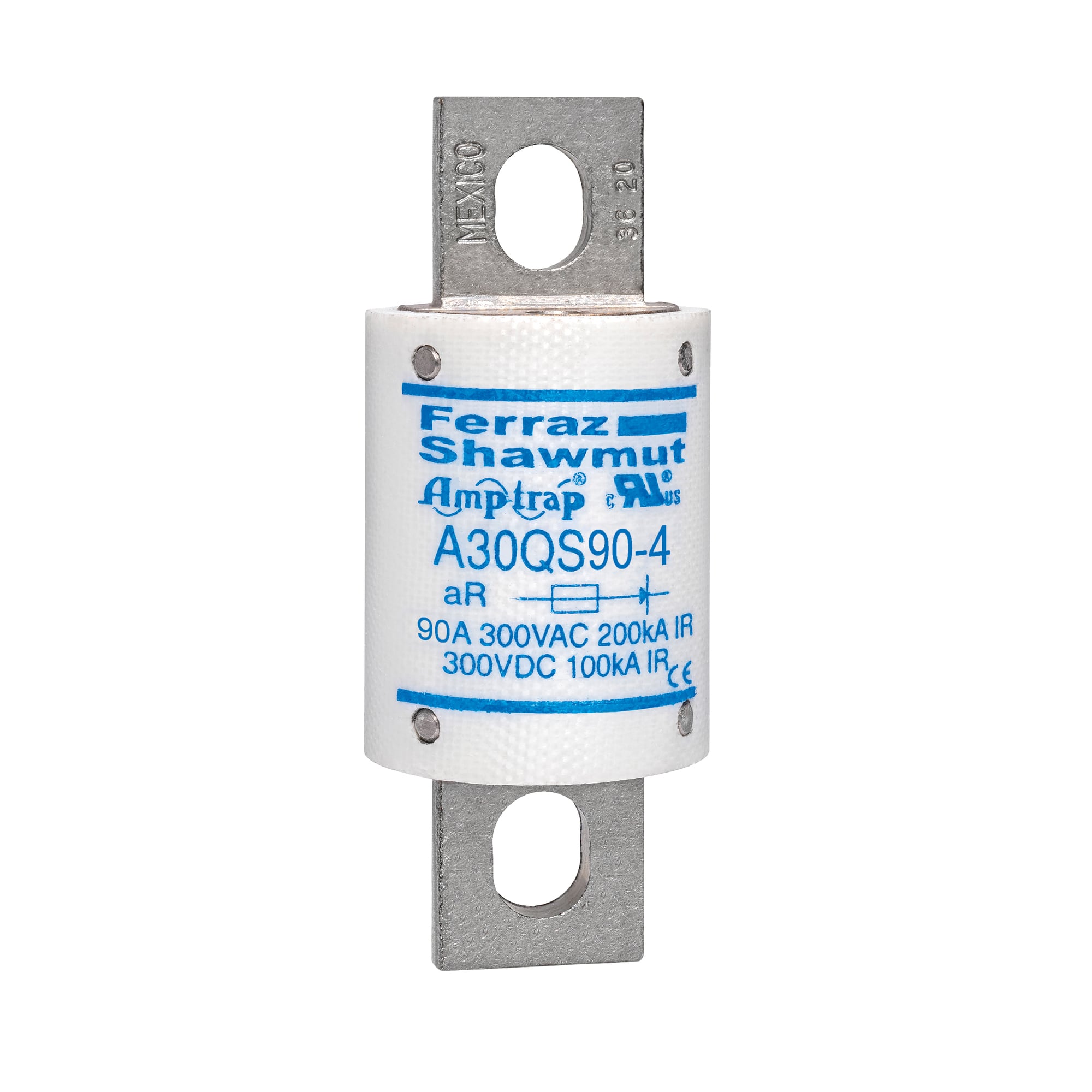 A30QS90-4 Amp-Trap High Speed North American Style Semiconductor Fuse, 90 A, 300 V AC/DC, 100/200 kA Interrupt, Class: Form 101, Cylindrical/Round Body