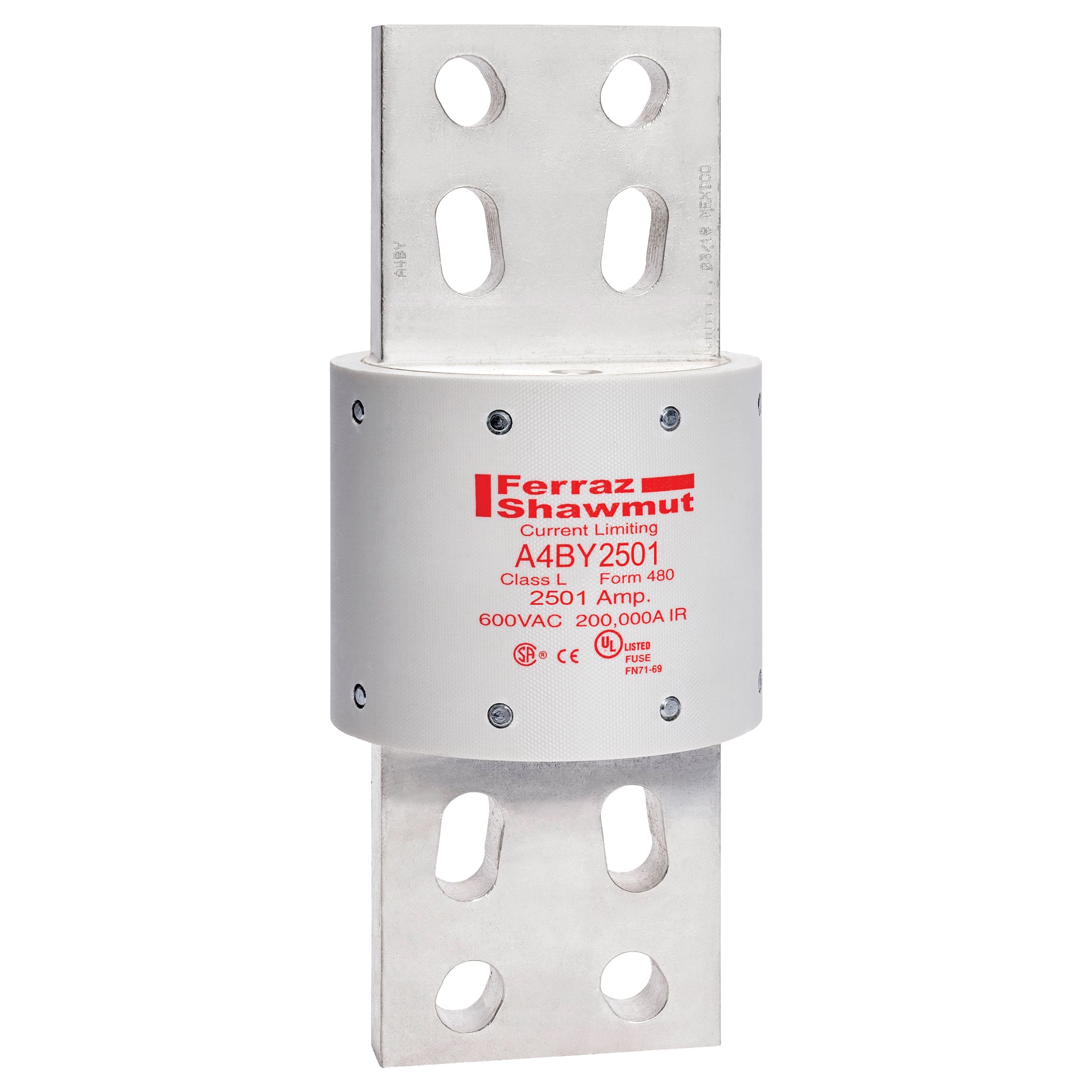 A4BY2001 Amp-Trap Low Voltage North American Style Time Delay Power Fuse, 2001 A, 600 V AC/300 V DC, 100/200 kA Interrupt, L Class, Cylindrical Body