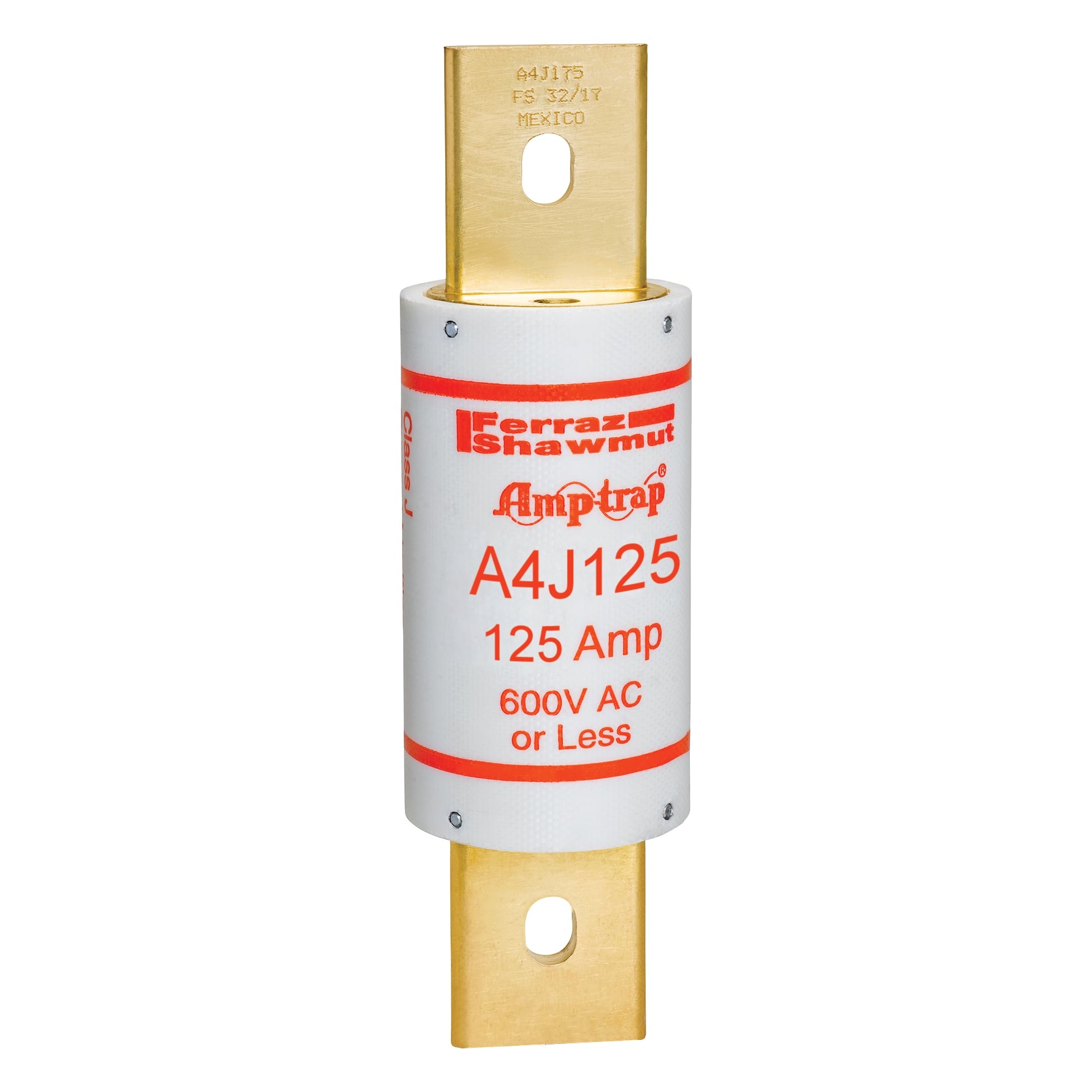 A4J125 Amp-Trap Current Limiting Low Voltage Fast Acting Fuse, 125 A, 600 V AC/300 V DC, 200/100 kA, Class J, Cylindrical Body