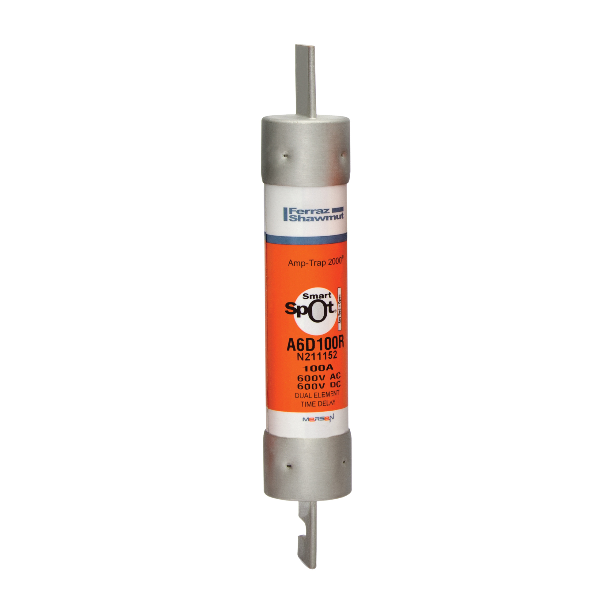 A6D100R Amp-Trap 2000 SmartSpot Current Limiting Low Voltage North American Time Delay Power Fuse, 100 A, 600 V AC, 200 kA Interrupt, RK1 Class, Cylindrical Body