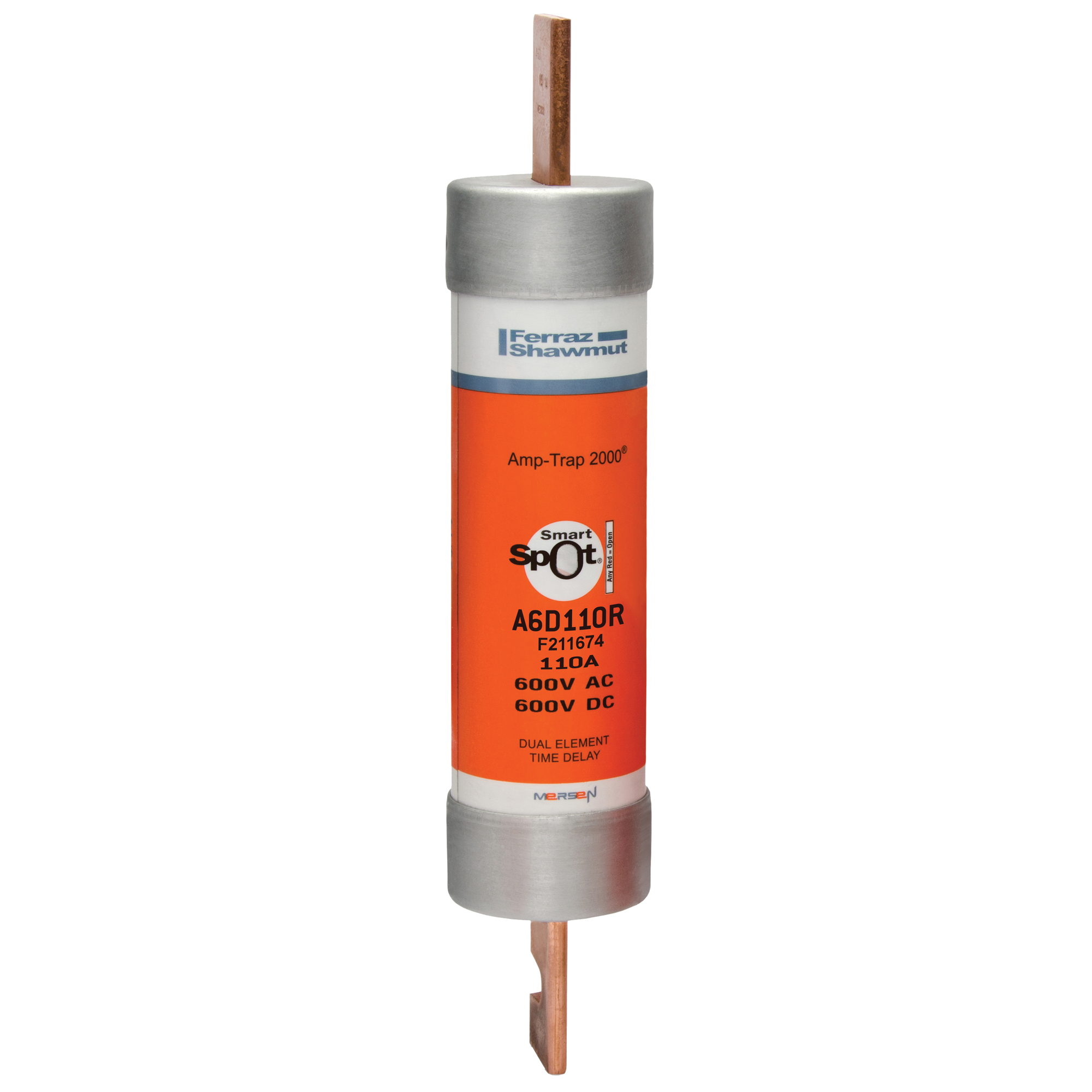 A6D110R Amp-Trap 2000 SmartSpot Current Limiting Low Voltage North American Time Delay Power Fuse, 110 A, 600 V AC, 200 kA Interrupt, RK1 Class, Cylindrical Body