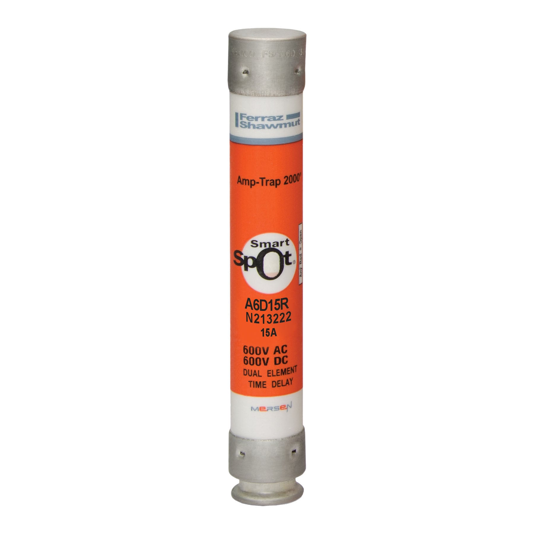 A6D15R Amp-Trap 2000 SmartSpot Current Limiting Low Voltage North American Time Delay Power Fuse, 15 A, 600 V AC, 200 kA Interrupt, RK1 Class, Cylindrical Body