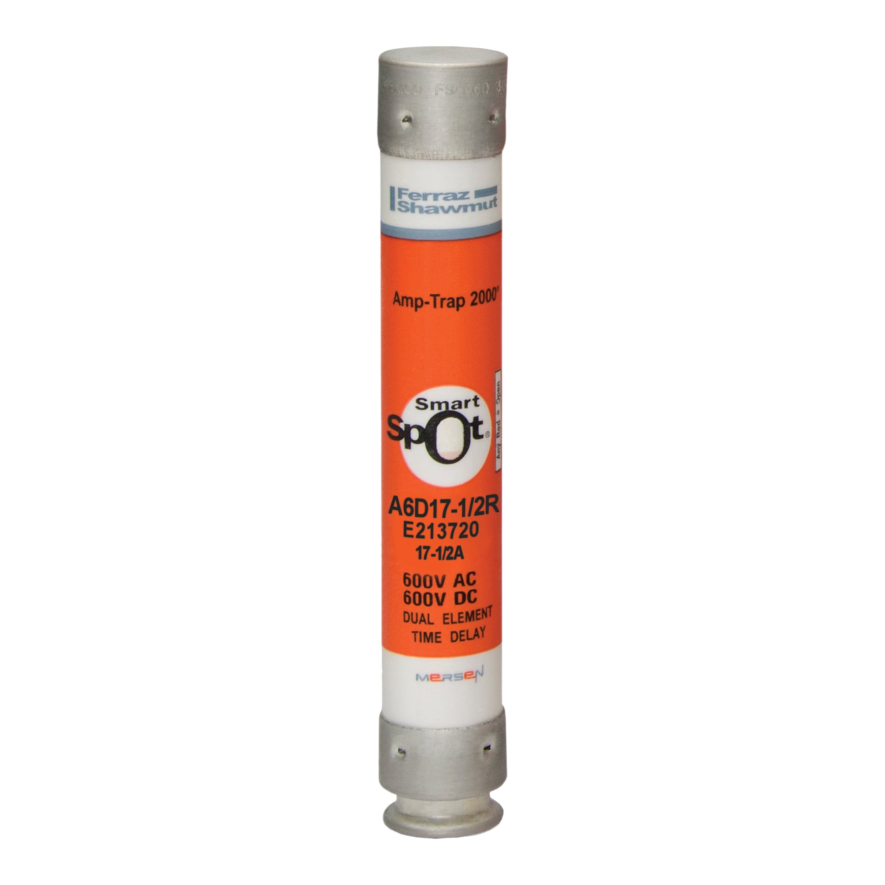 A6D17-1/2R Amp-Trap 2000 SmartSpot Current Limiting Low Voltage North American Time Delay Power Fuse, 17.5 A, 600 V AC, 200 kA Interrupt, RK1 Class, Cylindrical Body