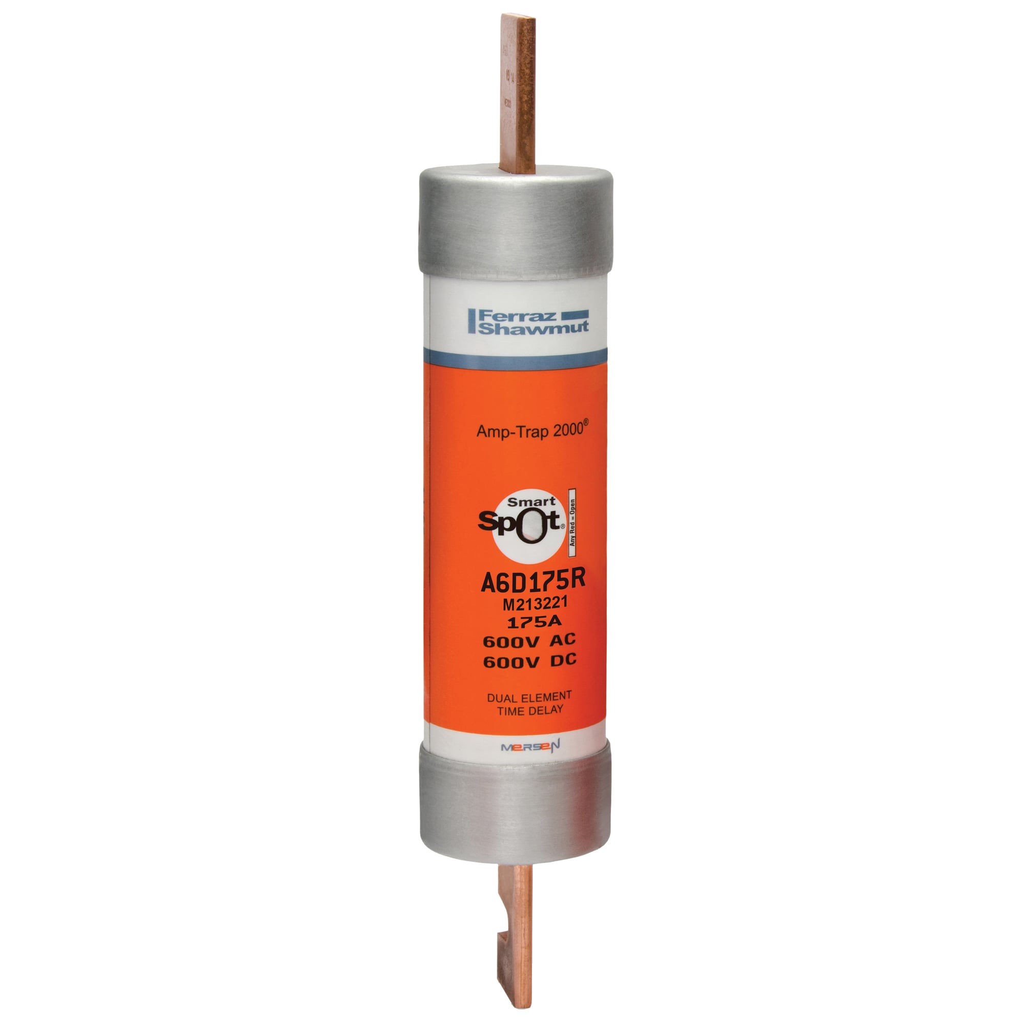 A6D175R Amp-Trap 2000 SmartSpot Current Limiting Low Voltage North American Time Delay Power Fuse, 175 A, 600 V AC, 200 kA Interrupt, RK1 Class, Cylindrical Body