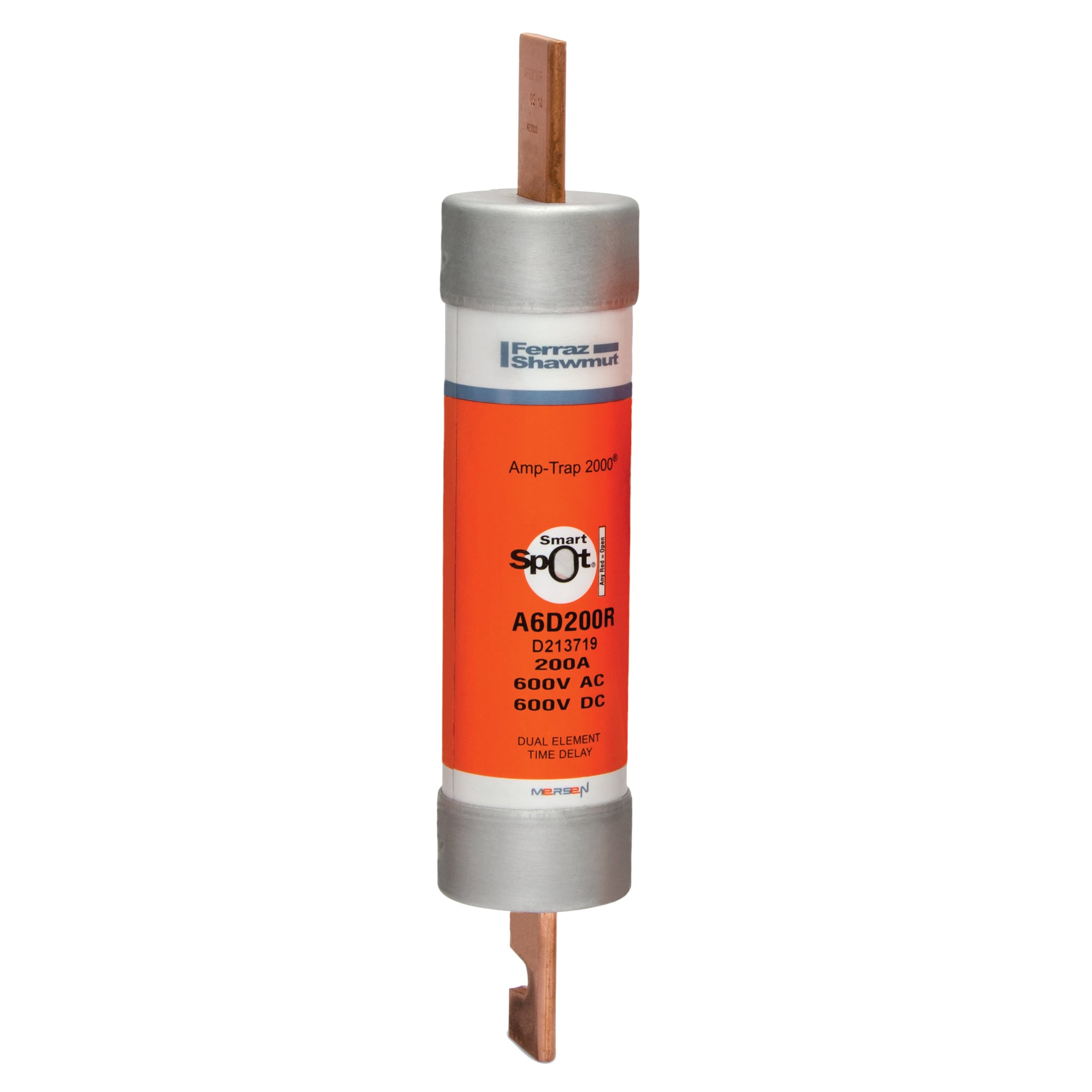 A6D200R Amp-Trap 2000 SmartSpot Current Limiting Low Voltage North American Time Delay Power Fuse, 200 A, 600 V AC, 200 kA Interrupt, RK1 Class, Cylindrical Body