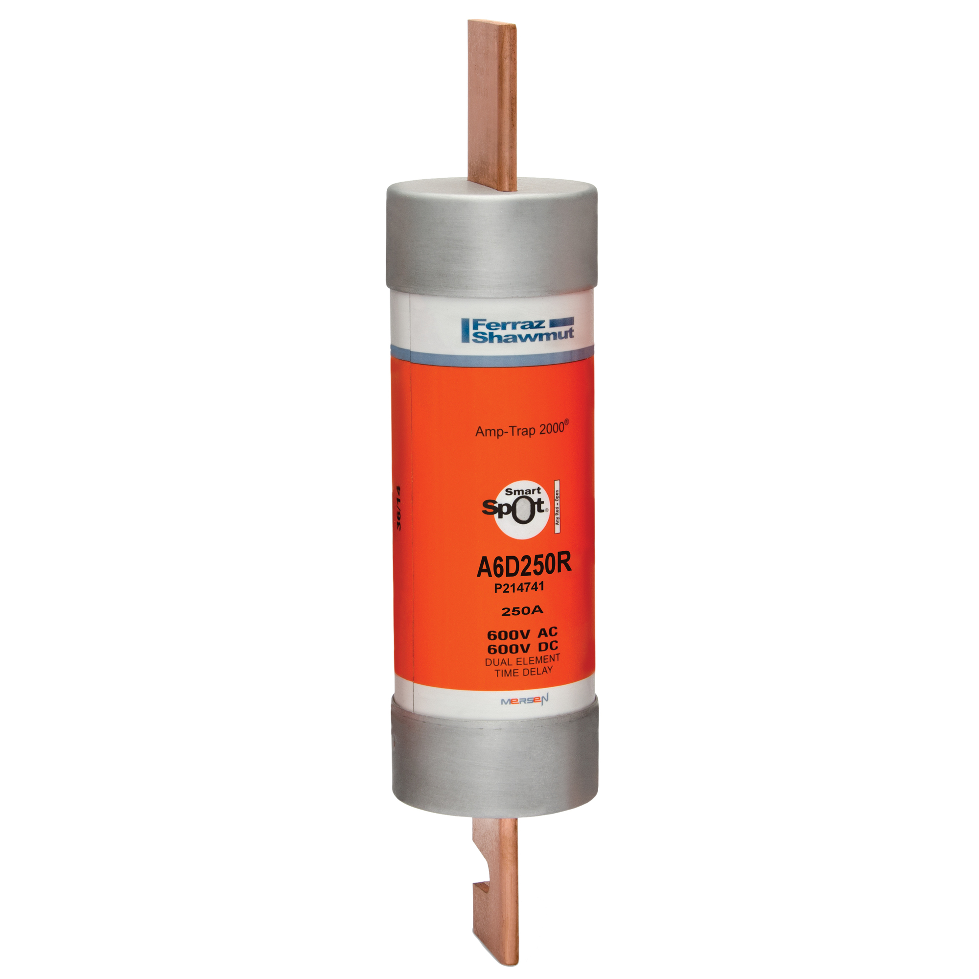 A6D250R Amp-Trap 2000 SmartSpot Current Limiting Low Voltage North American Time Delay Power Fuse, 250 A, 600 V AC, 200 kA Interrupt, RK1 Class, Cylindrical Body