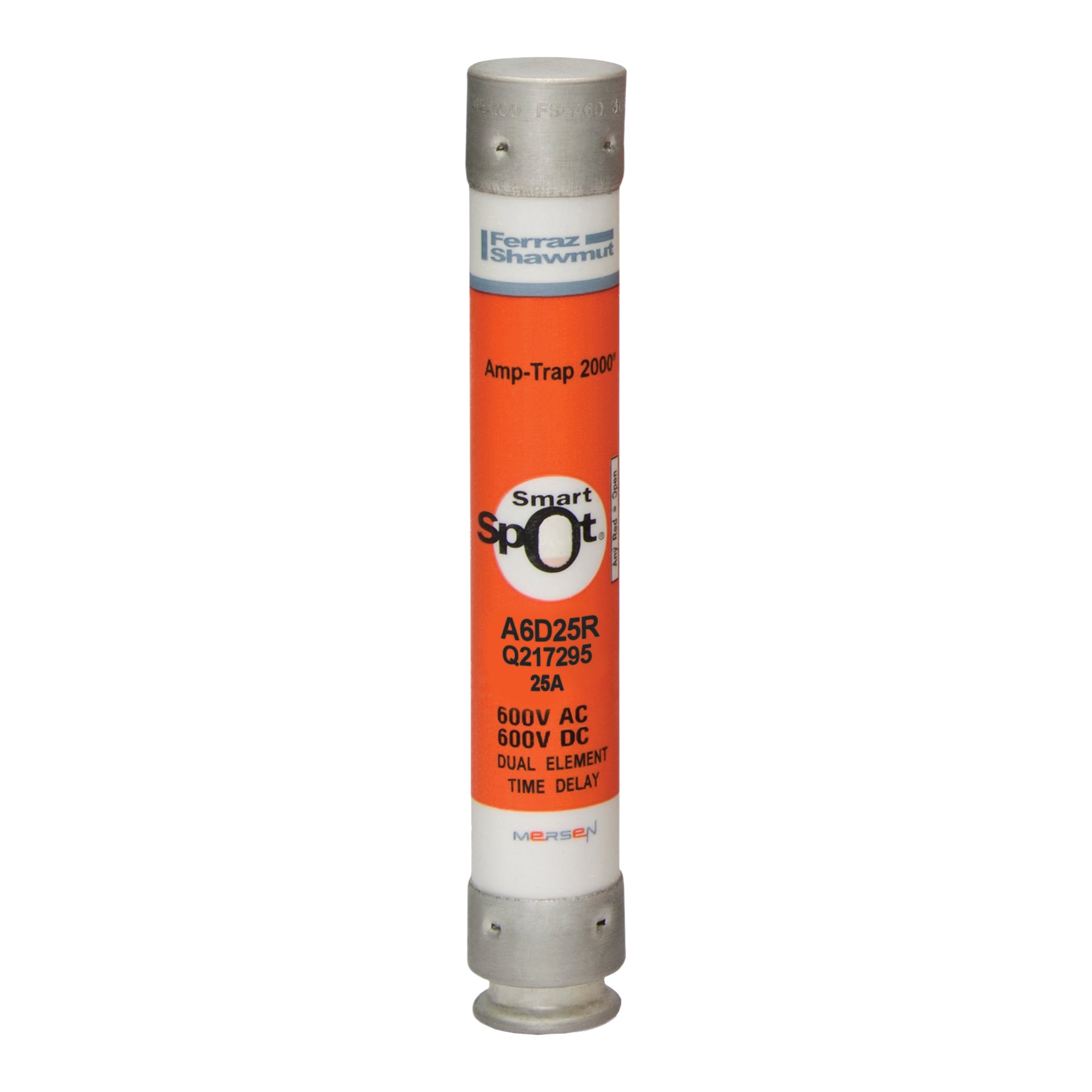A6D25R Amp-Trap 2000 SmartSpot Current Limiting Low Voltage North American Time Delay Power Fuse, 25 A, 600 V AC, 200 kA Interrupt, RK1 Class, Cylindrical Body