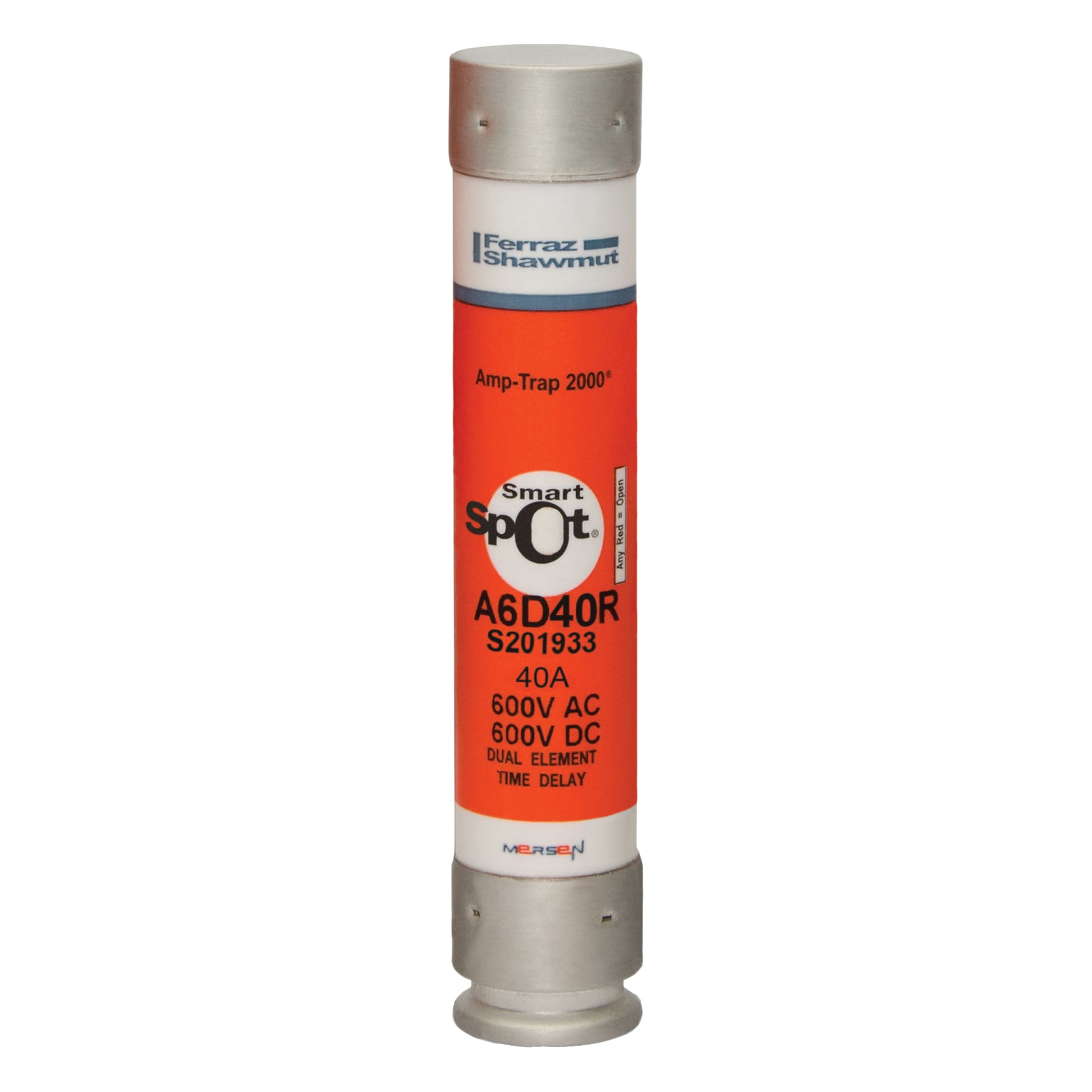 A6D40R Amp-Trap 2000 SmartSpot Current Limiting Low Voltage North American Time Delay Power Fuse, 40 A, 600 V AC, 200 kA Interrupt, RK1 Class, Cylindrical Body