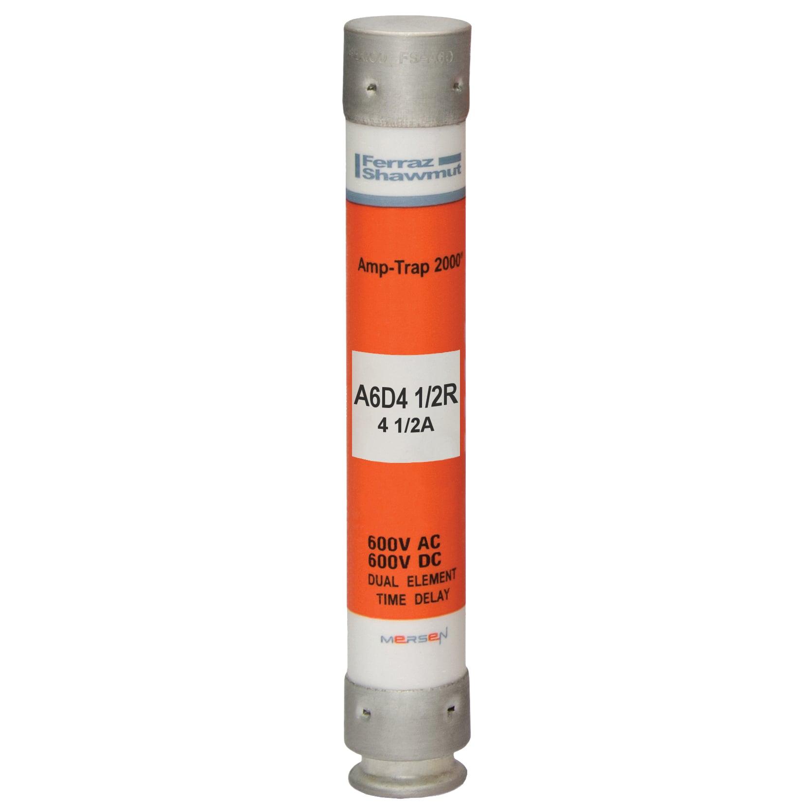 A6D4-1/2R Amp-Trap 2000 SmartSpot Current Limiting Low Voltage North American Time Delay Power Fuse, 4.5 A, 600 V AC, 200 kA Interrupt, RK1 Class, Cylindrical Body
