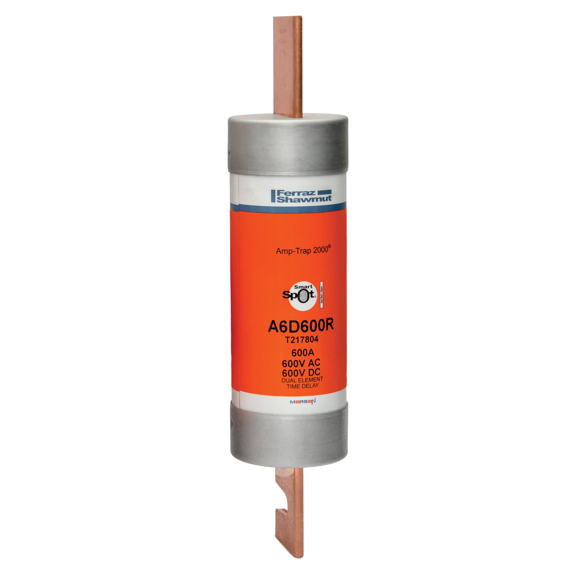 A6D600R Amp-Trap 2000 SmartSpot Current Limiting Low Voltage North American Time Delay Power Fuse, 600 A, 600 V AC, 200 kA Interrupt, RK1 Class, Cylindrical Body