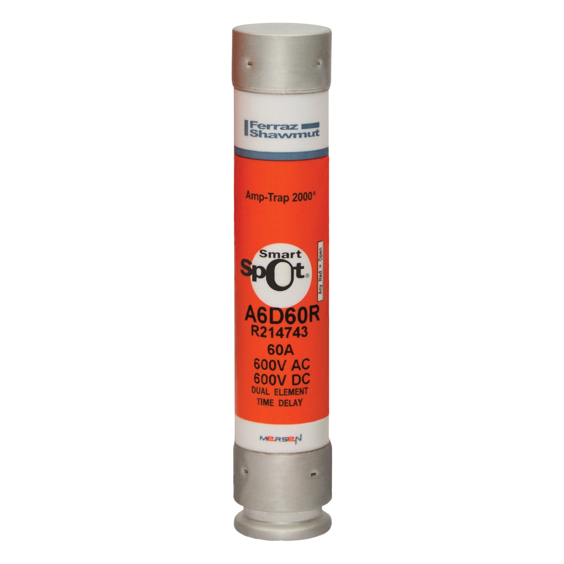 A6D60R Amp-Trap 2000 SmartSpot Current Limiting Low Voltage North American Time Delay Power Fuse, 60 A, 600 V AC, 200 kA Interrupt, RK1 Class, Cylindrical Body