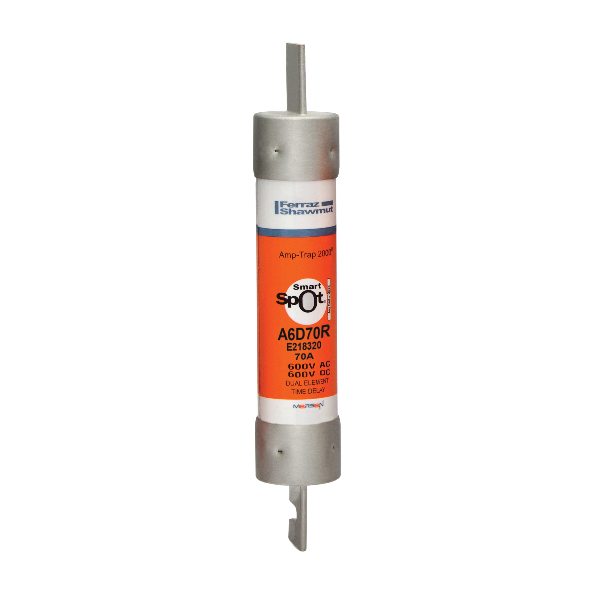 A6D70R Amp-Trap 2000 SmartSpot Current Limiting Low Voltage North American Time Delay Power Fuse, 70 A, 600 V AC, 200 kA Interrupt, RK1 Class, Cylindrical Body