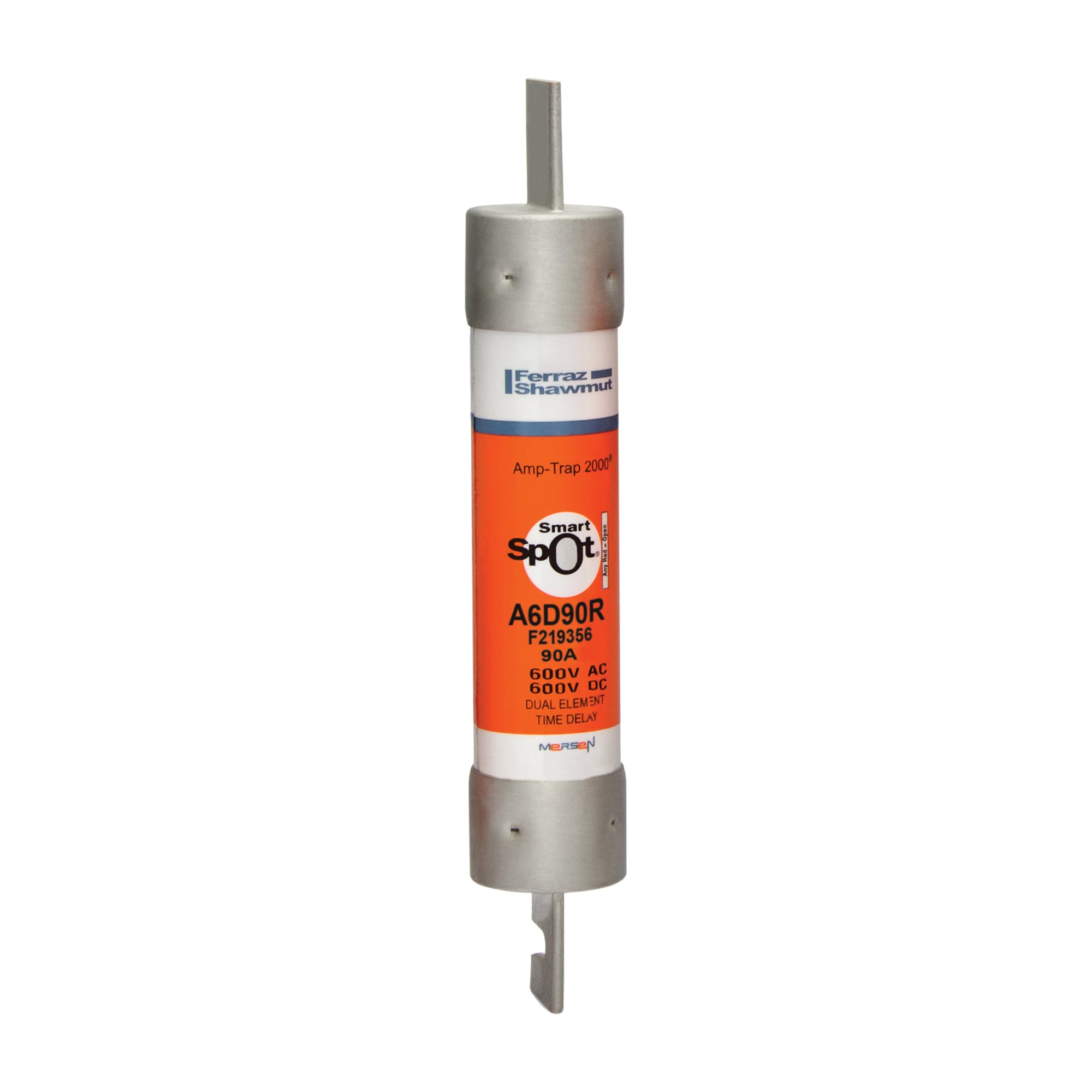 A6D90R Amp-Trap 2000 SmartSpot Current Limiting Low Voltage North American Time Delay Power Fuse, 90 A, 600 V AC, 200 kA Interrupt, RK1 Class, Cylindrical Body