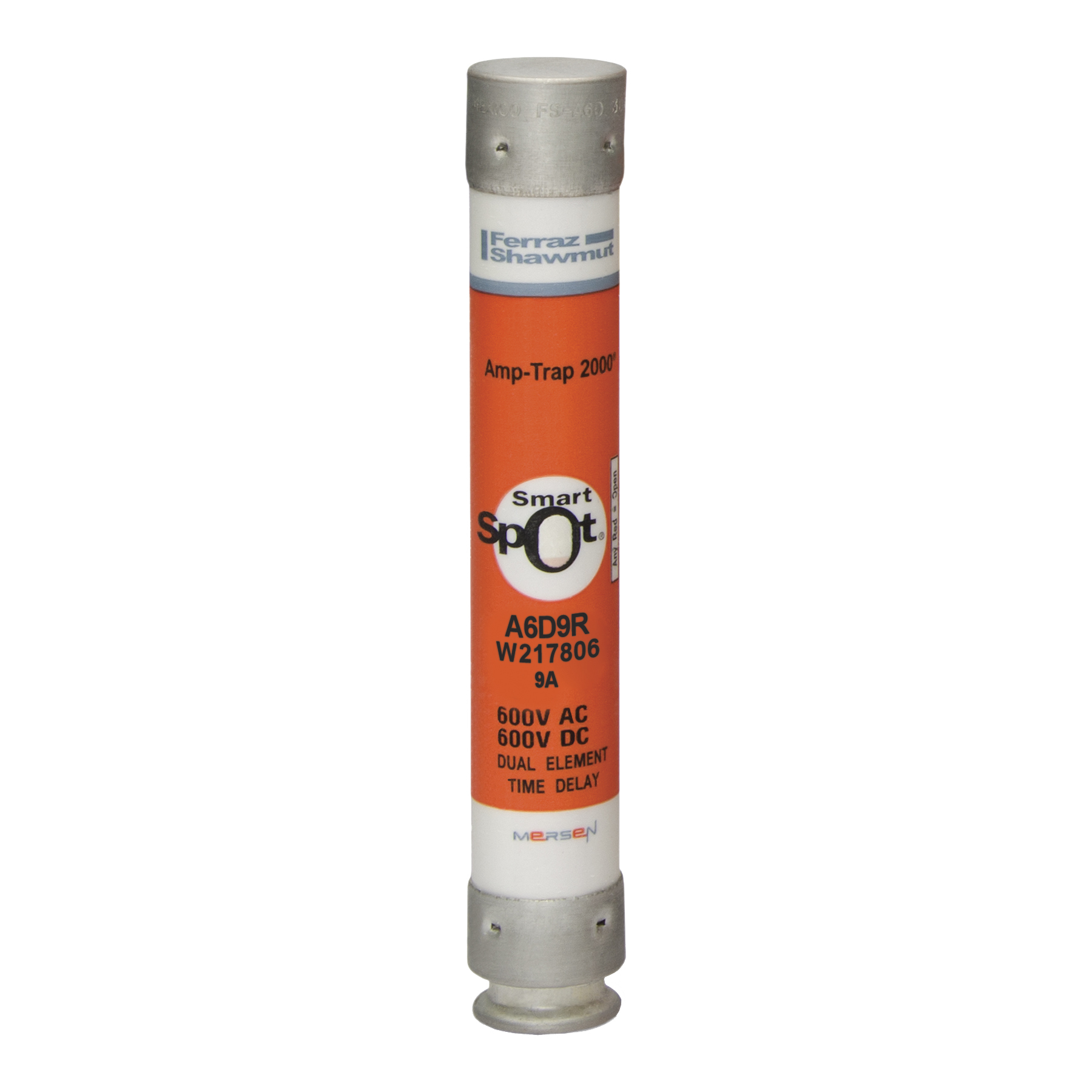 A6D9R Amp-Trap 2000 SmartSpot Current Limiting Low Voltage North American Time Delay Power Fuse, 9 A, 600 V AC, 200 kA Interrupt, RK1 Class, Cylindrical Body