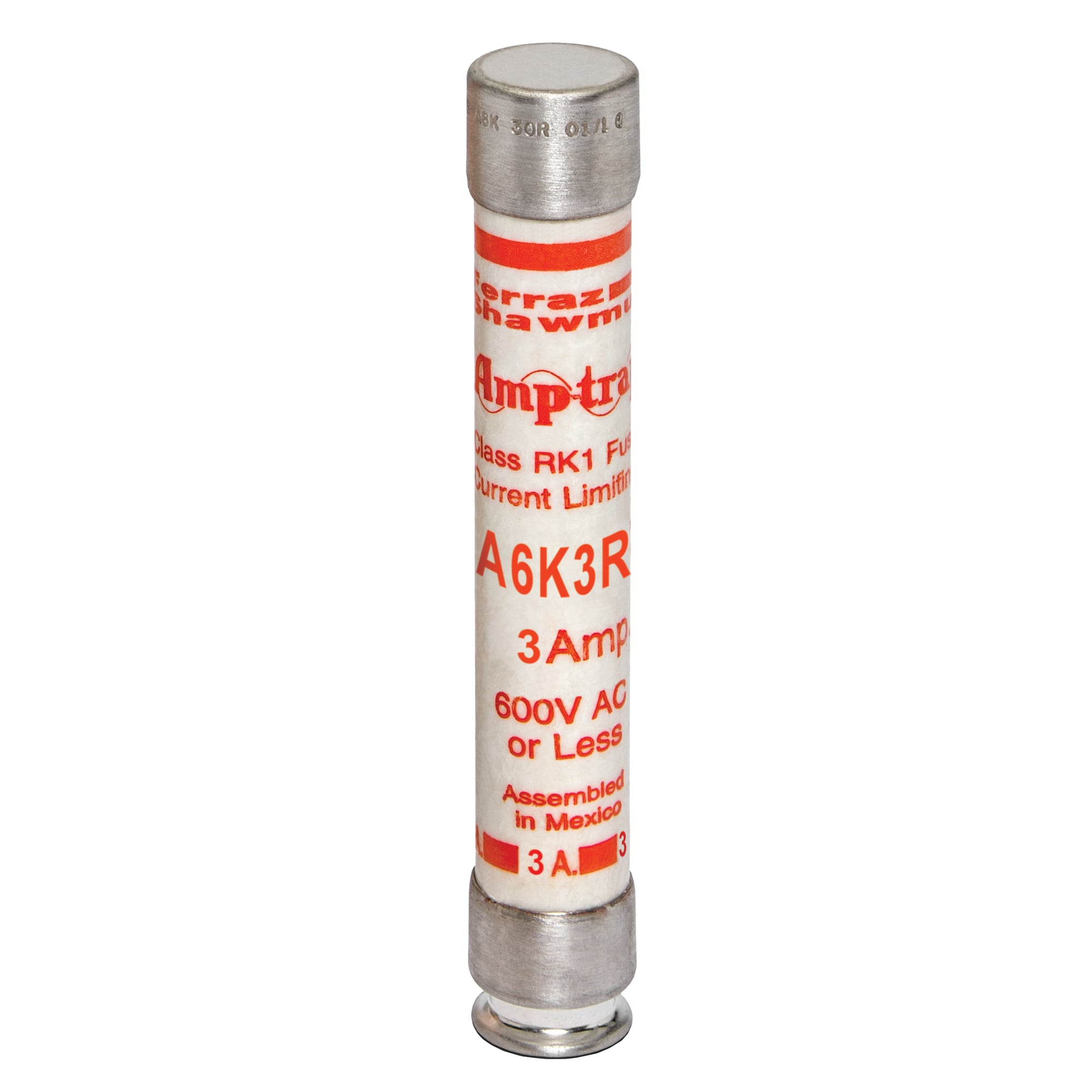 A6K3R Amp-Trap 2000 SmartSpot A6K-R Current Limiting Low Voltage Fast Acting Fuse, 3 A, 600 V AC/300 V DC, 200/20 kA Interrupt, RK1 Class, Cylindrical Body