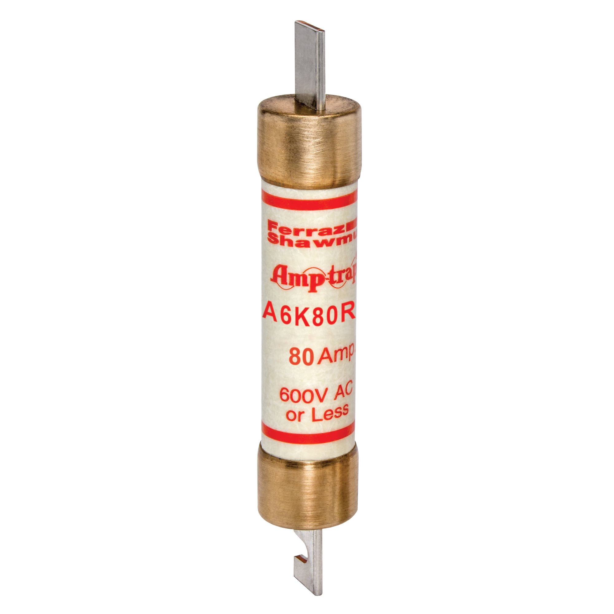A6K80R Amp-Trap 2000 SmartSpot A6K-R Current Limiting Low Voltage Fast Acting Fuse, 80 A, 600 V AC/300 V DC, 200/20 kA Interrupt, RK1 Class, Cylindrical Body