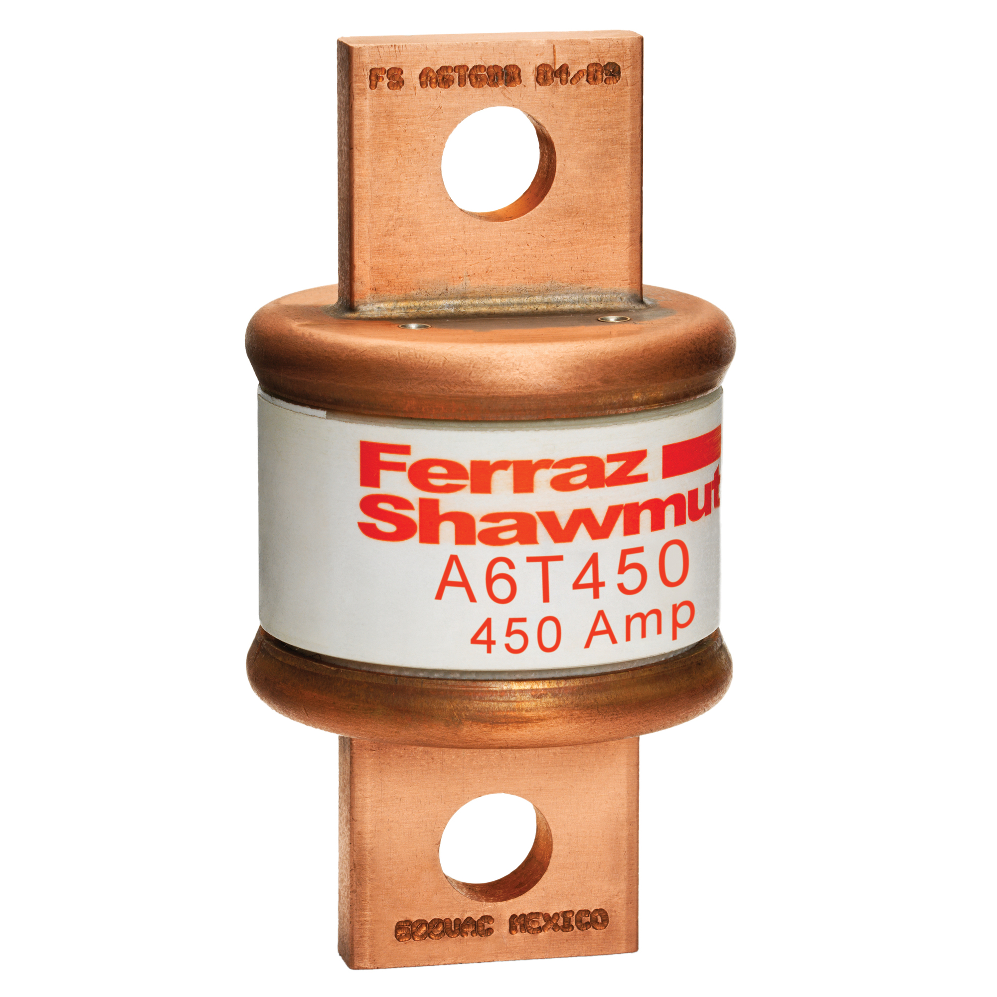 A6T450 Fast Acting Low Voltage North American Style Power Fuse, 450 A, 600 V AC/300 V DC, 50/200 kA Interrupt, T Class, Cylindrical Body