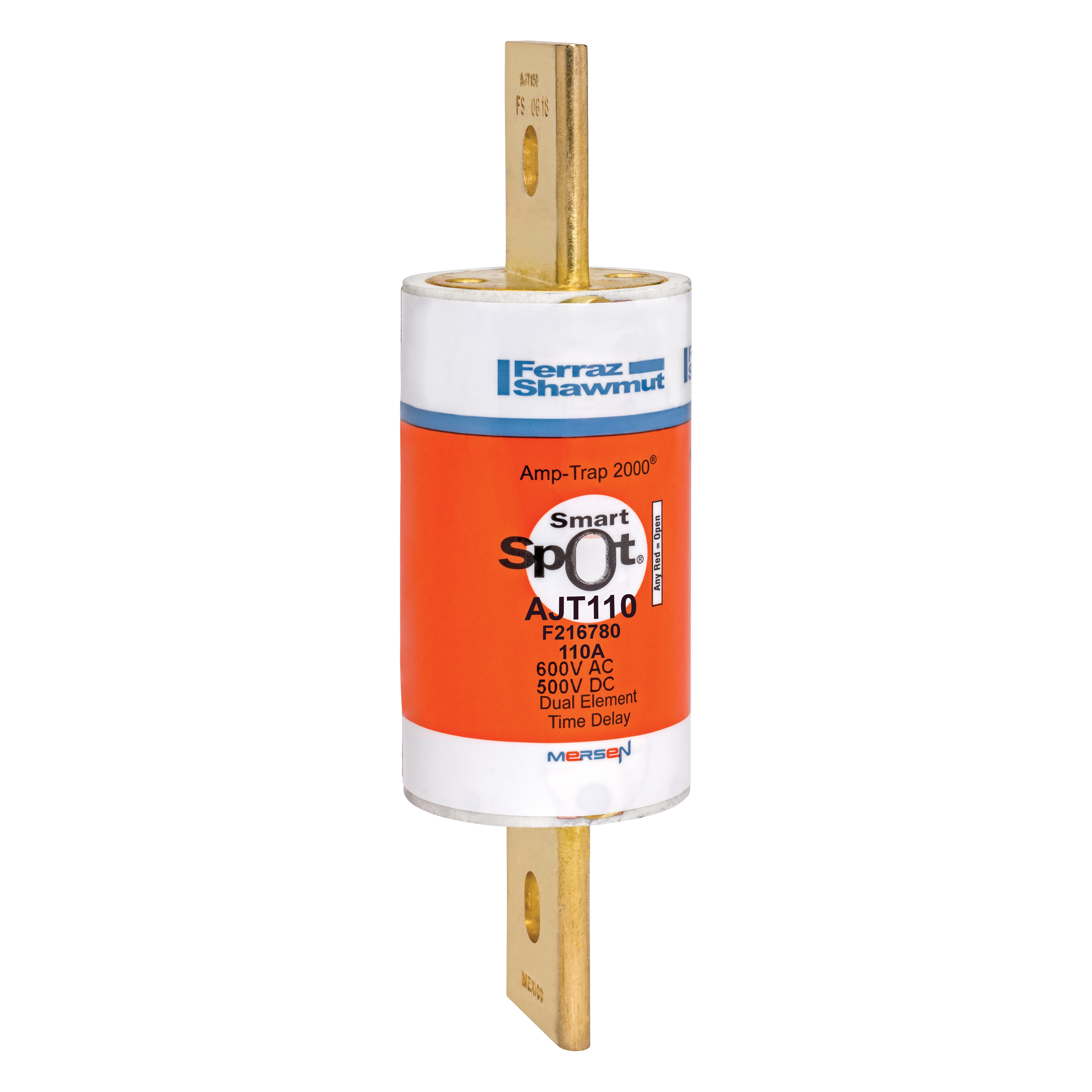 AJT110 Amp-Trap 2000 SmartSpot Current Limiting Low Voltage North American Time Delay Power Fuse, 110 A, 600 V AC, 200 kA Interrupt, J Class, Cylindrical Body