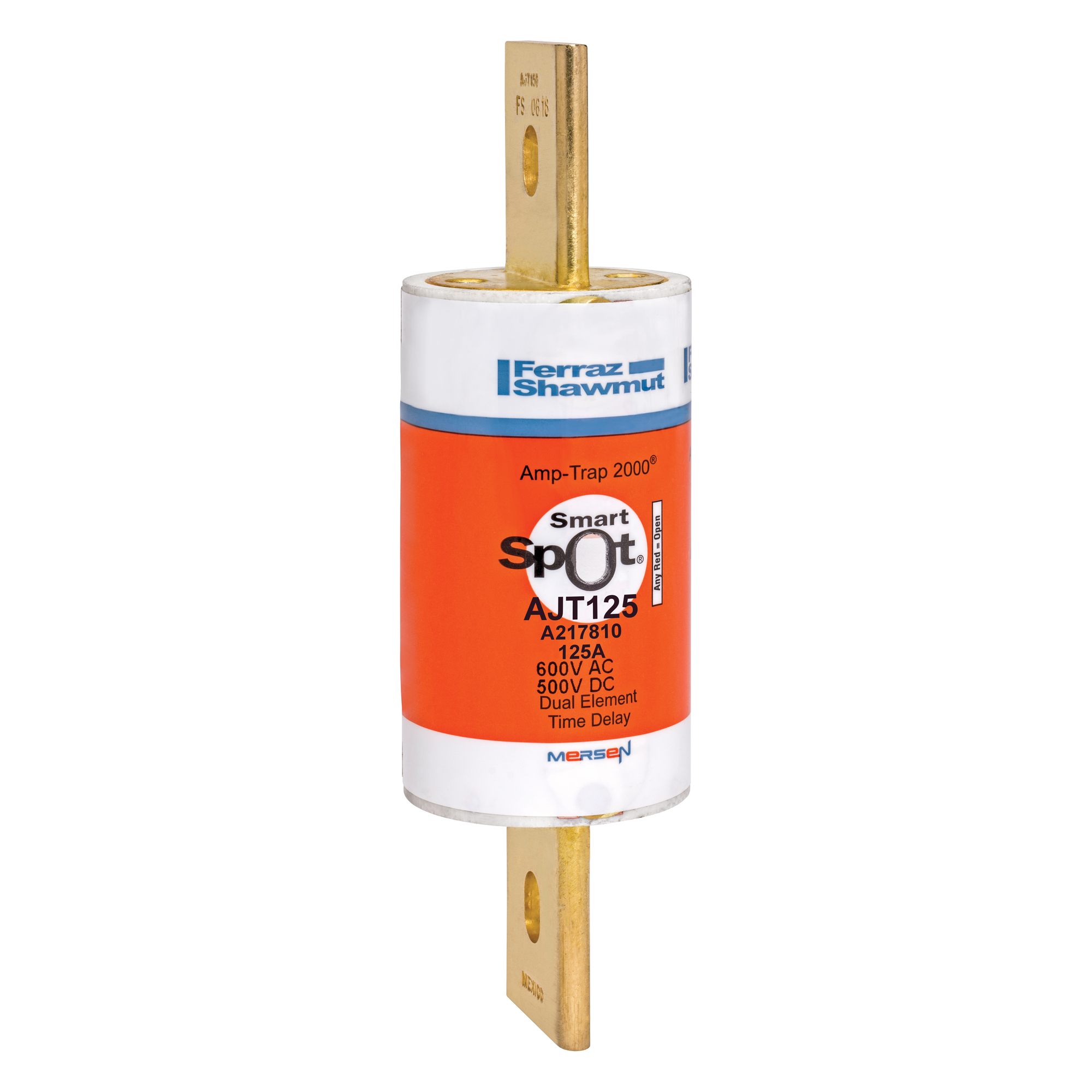 AJT125 Amp-Trap 2000 SmartSpot Current Limiting Low Voltage North American Time Delay Power Fuse, 125 A, 600 V AC, 200 kA Interrupt, J Class, Cylindrical Body