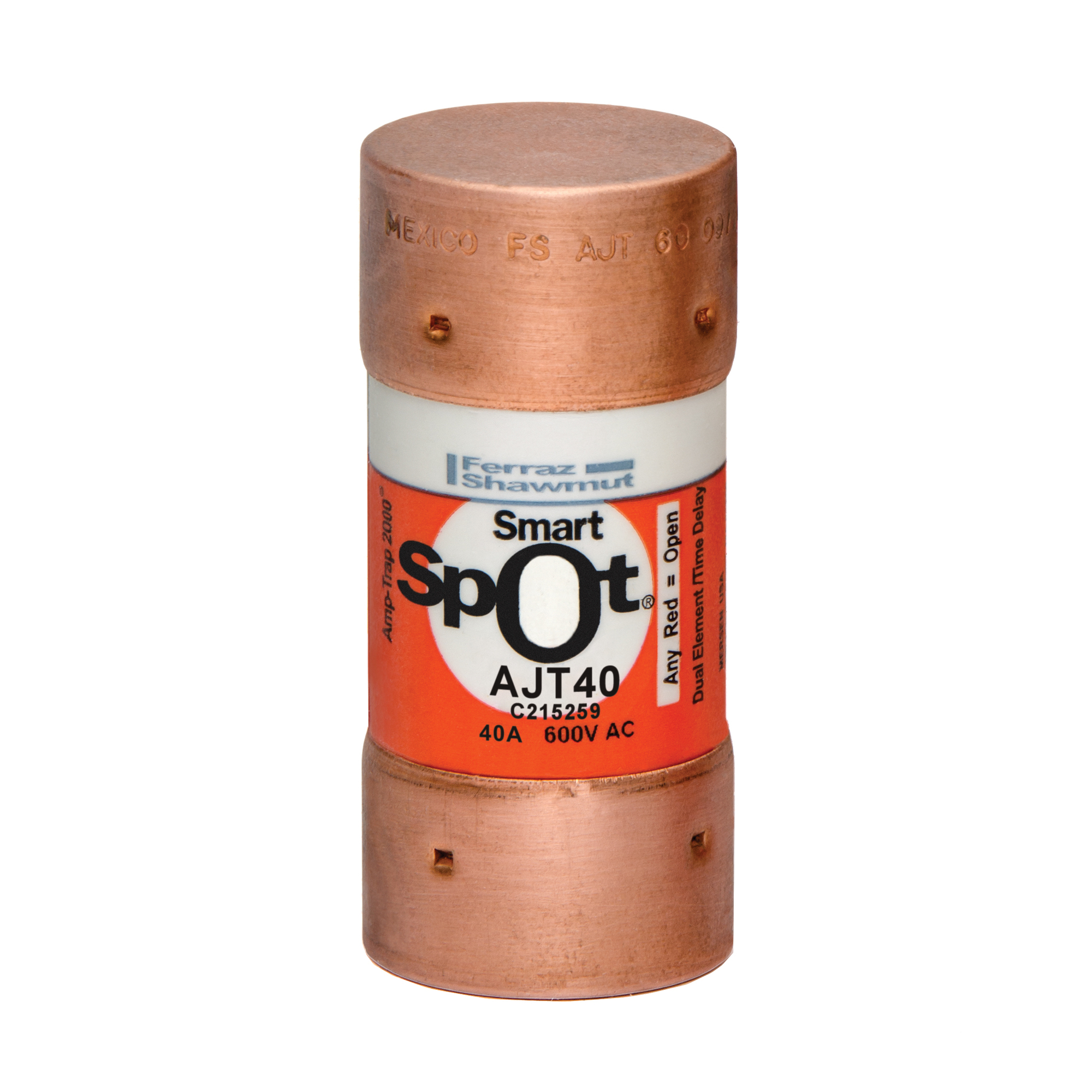 AJT40 Amp-Trap 2000 SmartSpot Current Limiting Low Voltage North American Time Delay Power Fuse, 40 A, 600 V AC, 200 kA Interrupt, J Class, Cylindrical Body