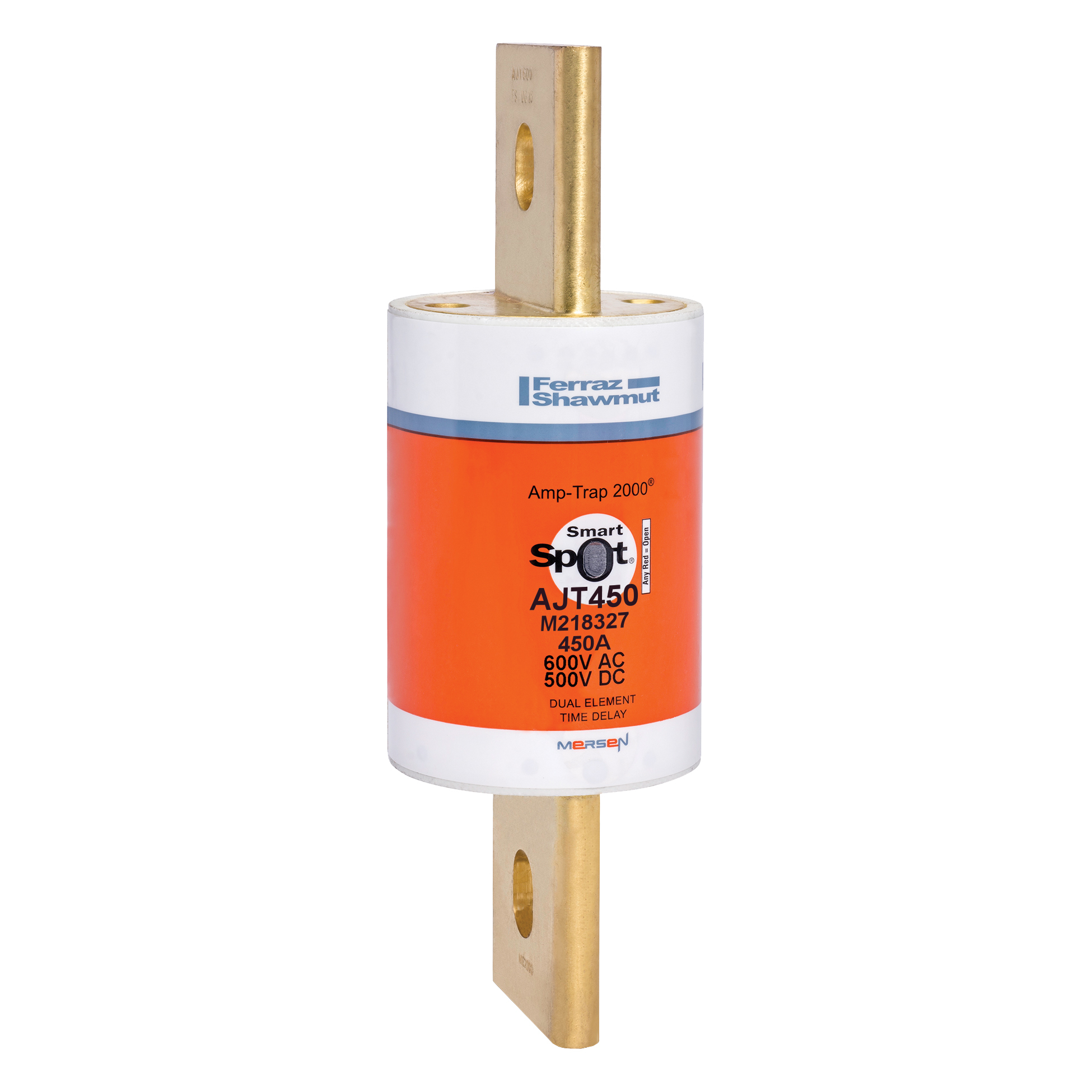 AJT450 Amp-Trap 2000 SmartSpot Current Limiting Low Voltage North American Time Delay Power Fuse, 450 A, 600 V AC, 200 kA Interrupt, J Class, Cylindrical Body