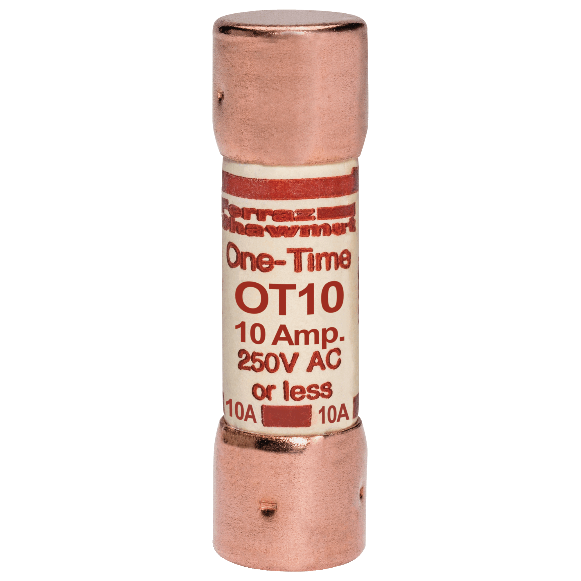 OT10 OT Series Fast Acting One-Time Fuse, 10 A, 250 V AC/DC, 50/20 kA Interrupt, Class: K5, Cylindrical Body