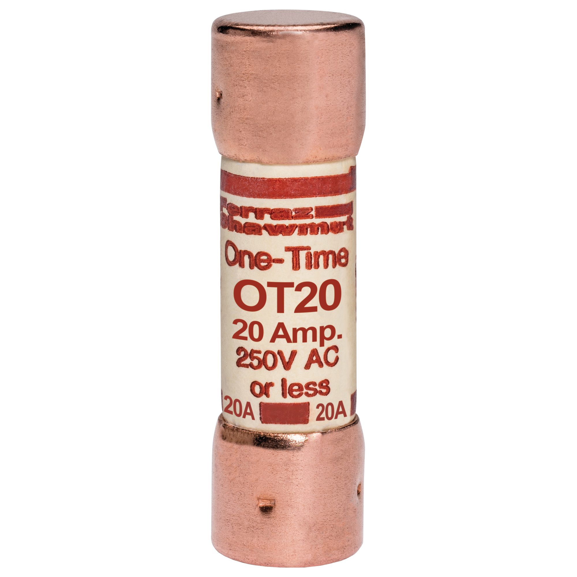 OT20 OT Series Fast Acting One-Time Fuse, 20 A, 250 V AC/DC, 50/20 kA Interrupt, Class: K5, Cylindrical Body