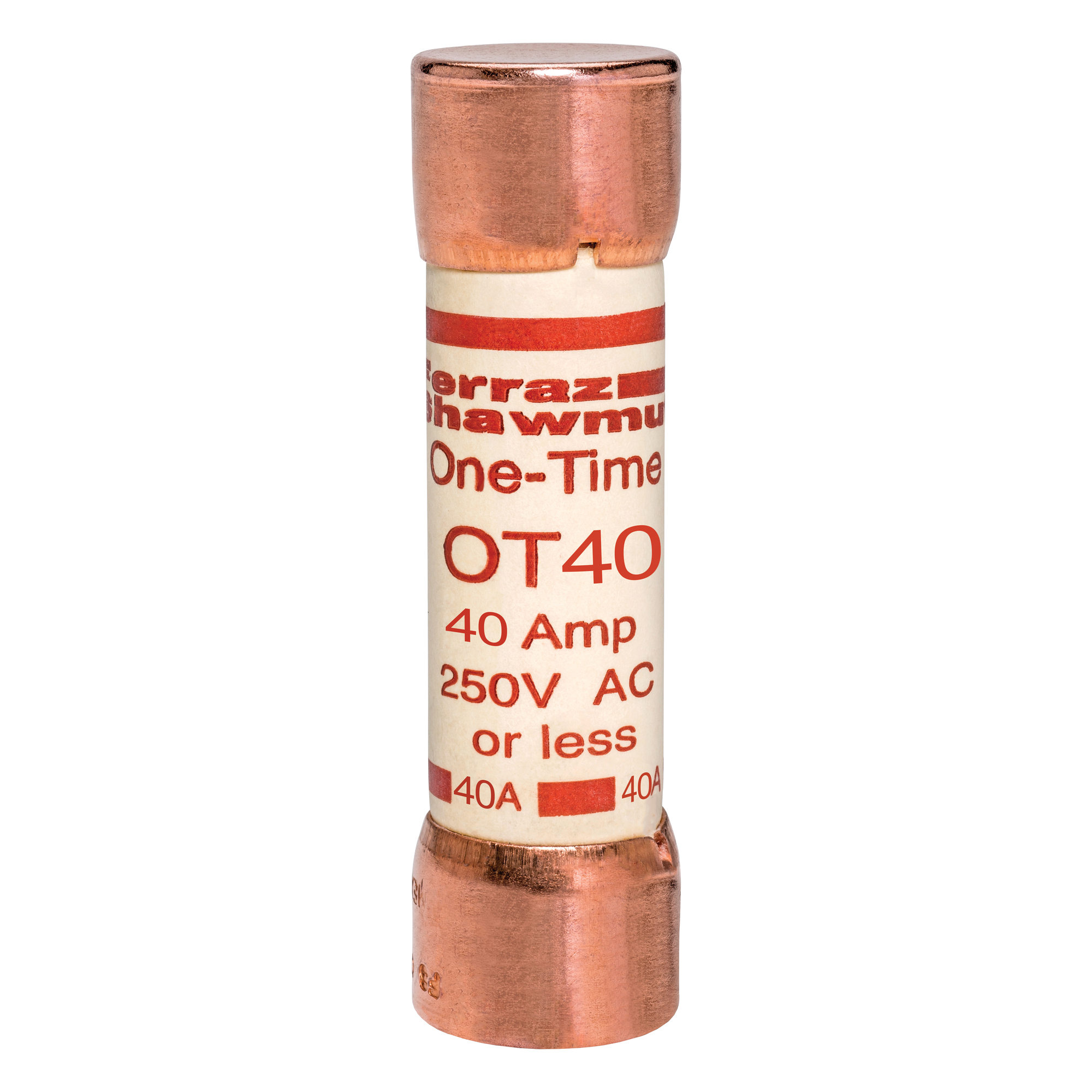 OT40 OT Series Fast Acting One-Time Fuse, 40 A, 250 V AC/DC, 50/20 kA Interrupt, Class: K5, Cylindrical Body