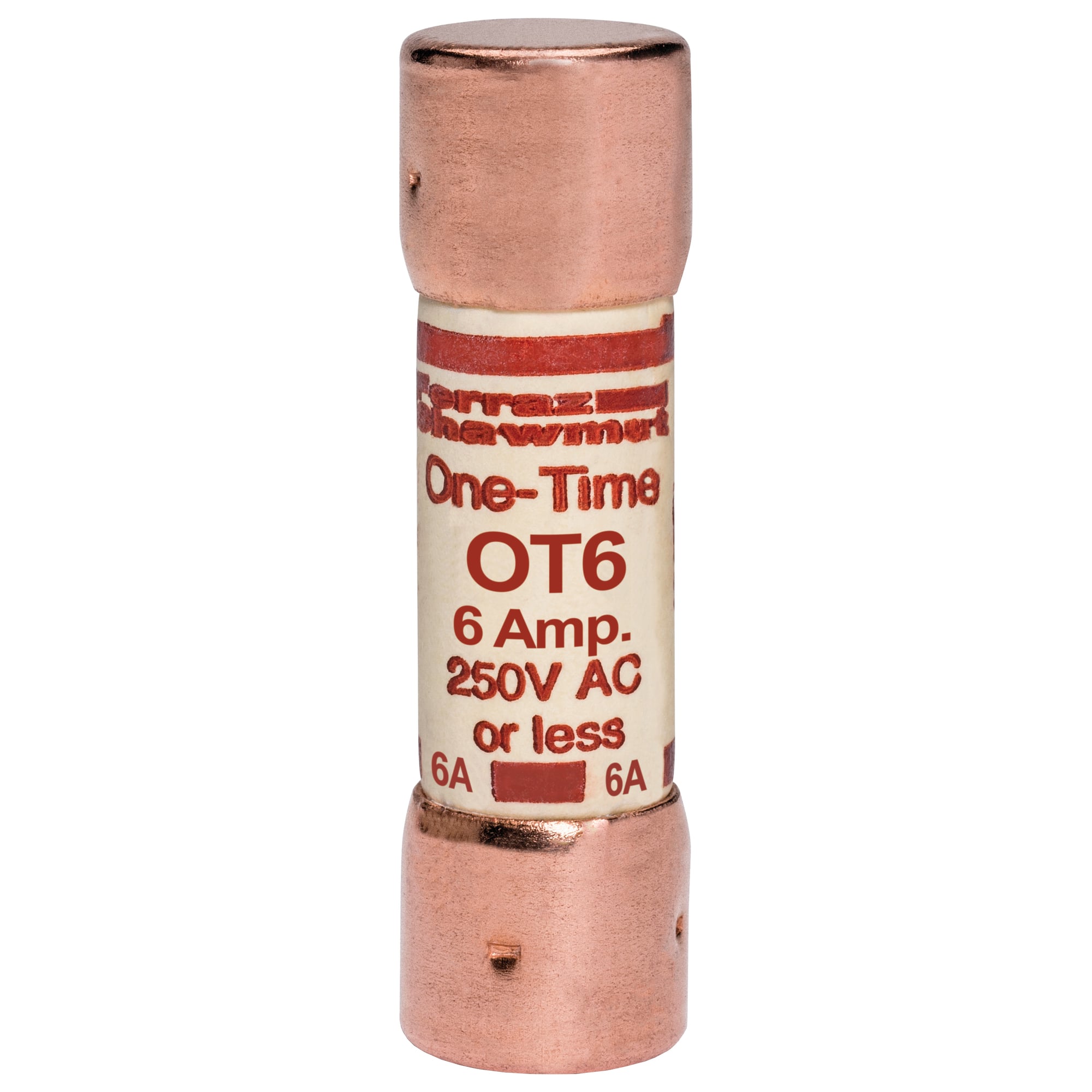 OT6 OT Series Fast Acting One-Time Fuse, 6 A, 250 V AC/DC, 50/20 kA Interrupt, Class: K5, Cylindrical Body
