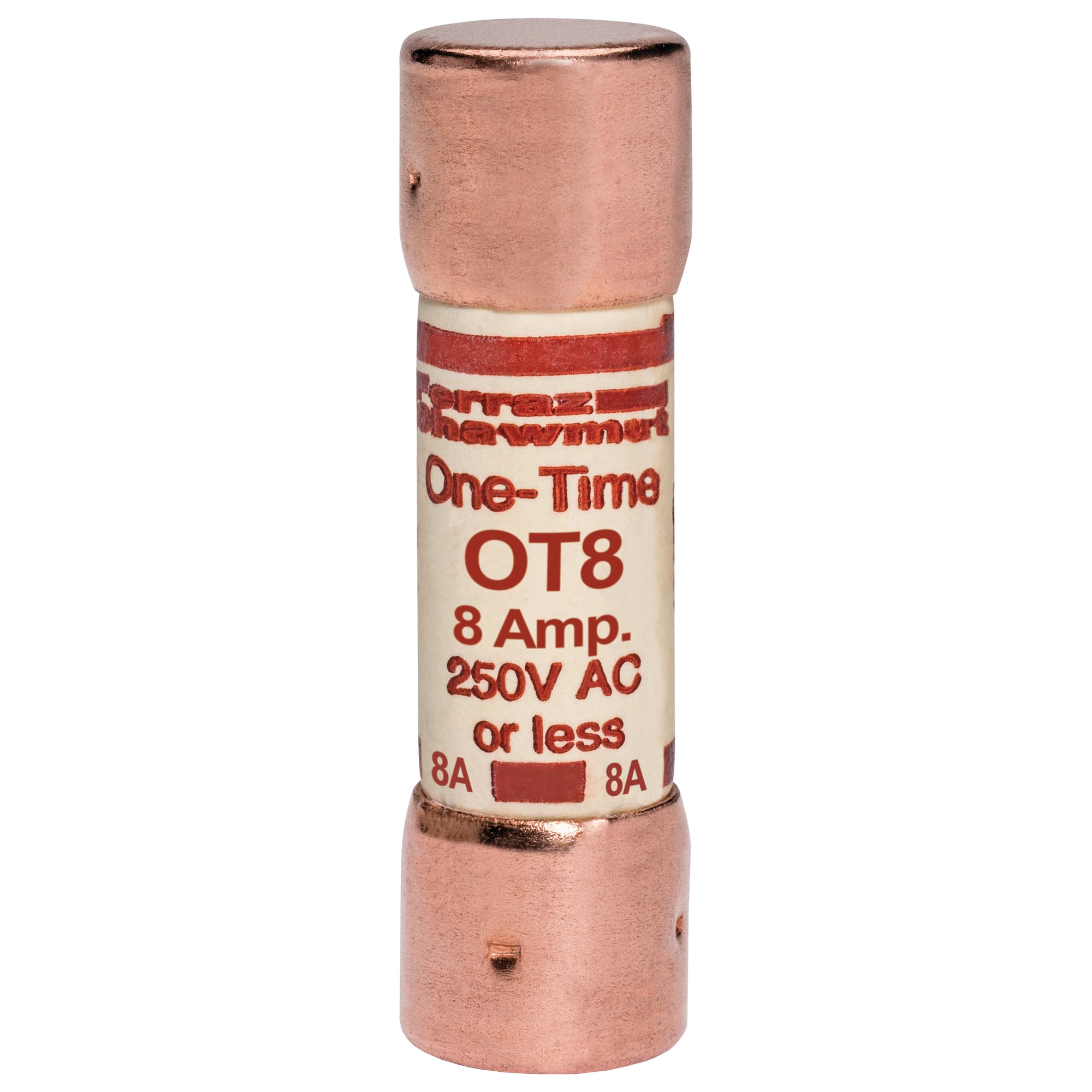 OT8 OT Series Fast Acting Low Voltage North American Style Power Fuse, 8 A, 250 V AC/DC, 20/50 kA Interrupt, Class: K5, Cylindrical Body