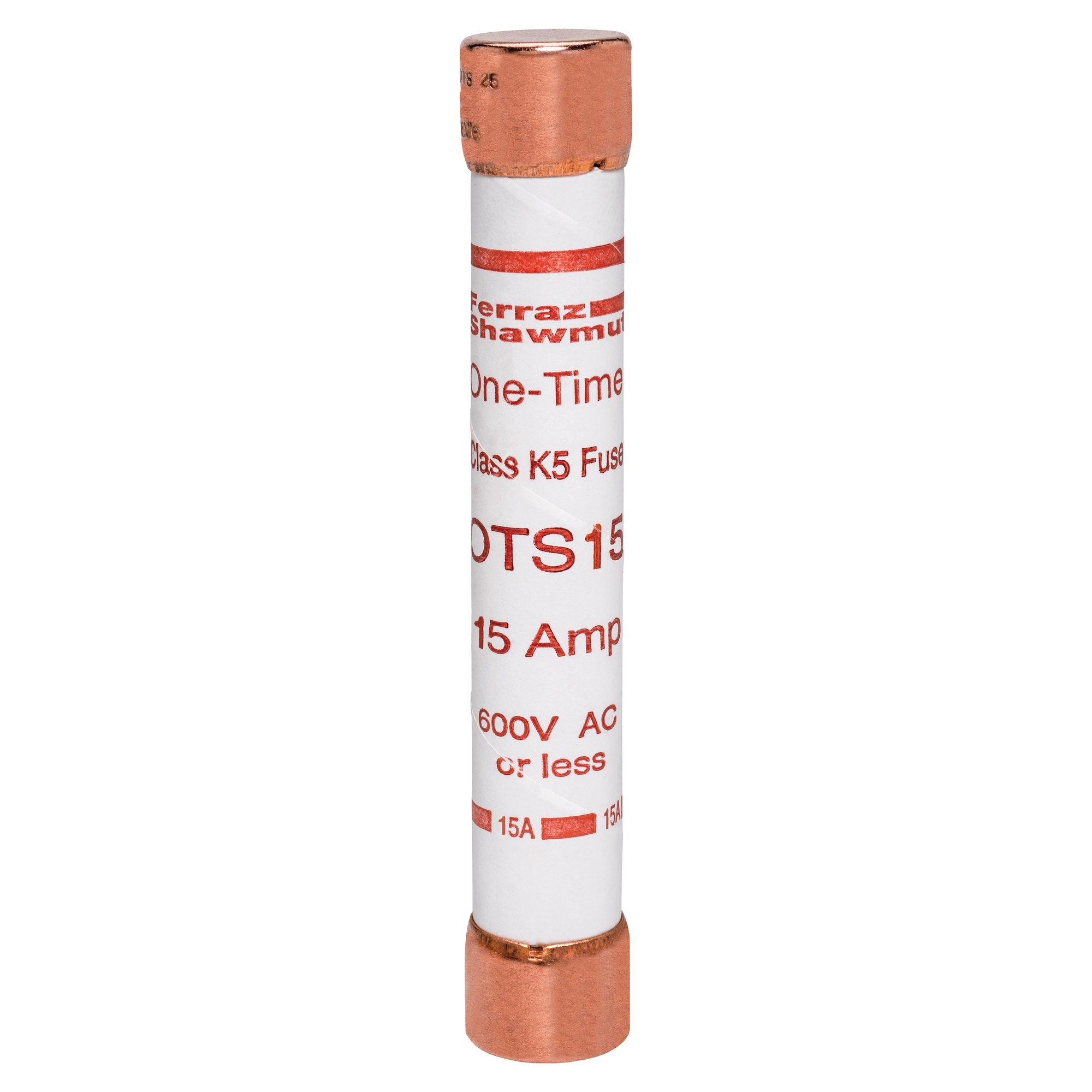 OTS15 Low Voltage Fast Acting Fuse, 15 A, 600 V AC/300 V DC, 50/20 kA Interrupt, K5 Class, Cylindrical Body