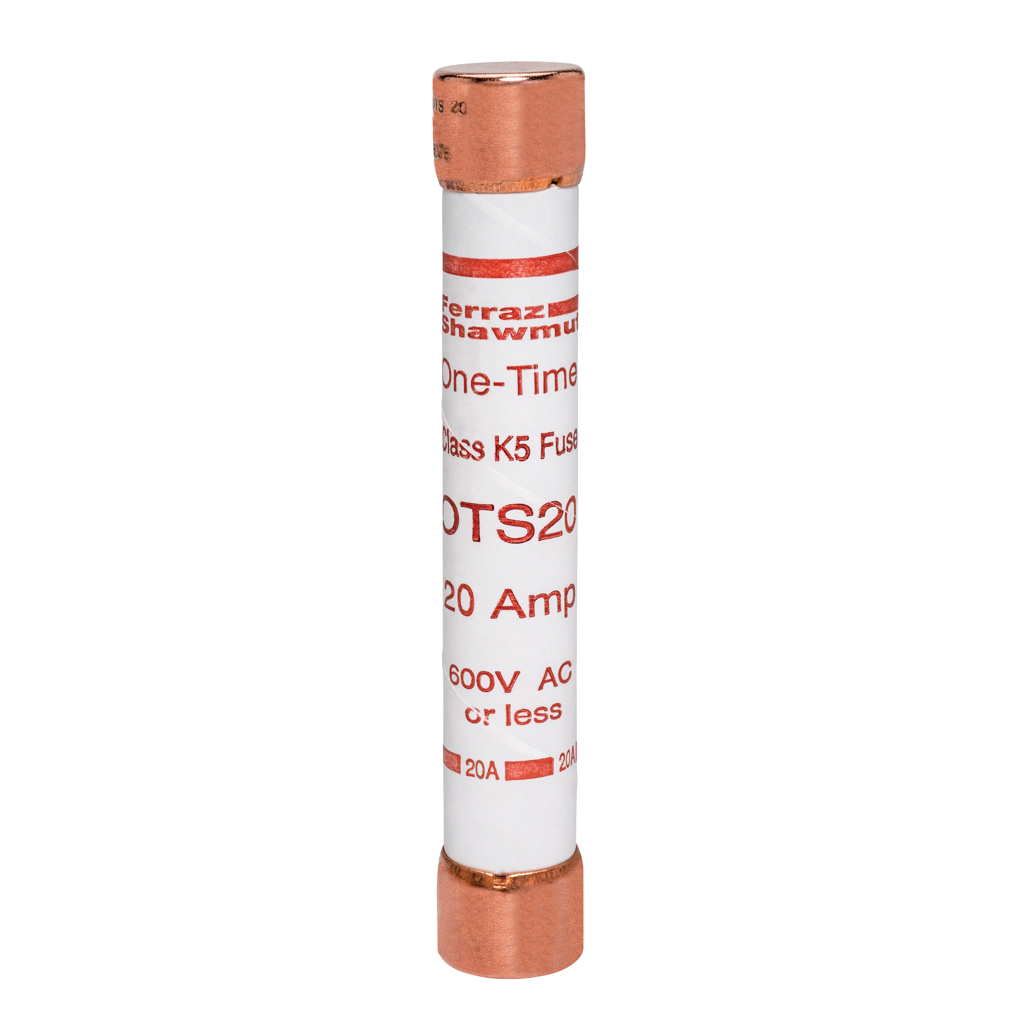 OTS20 Low Voltage Fast Acting Fuse, 20 A, 600 V AC/300 V DC, 50/20 kA Interrupt, K5 Class, Cylindrical Body
