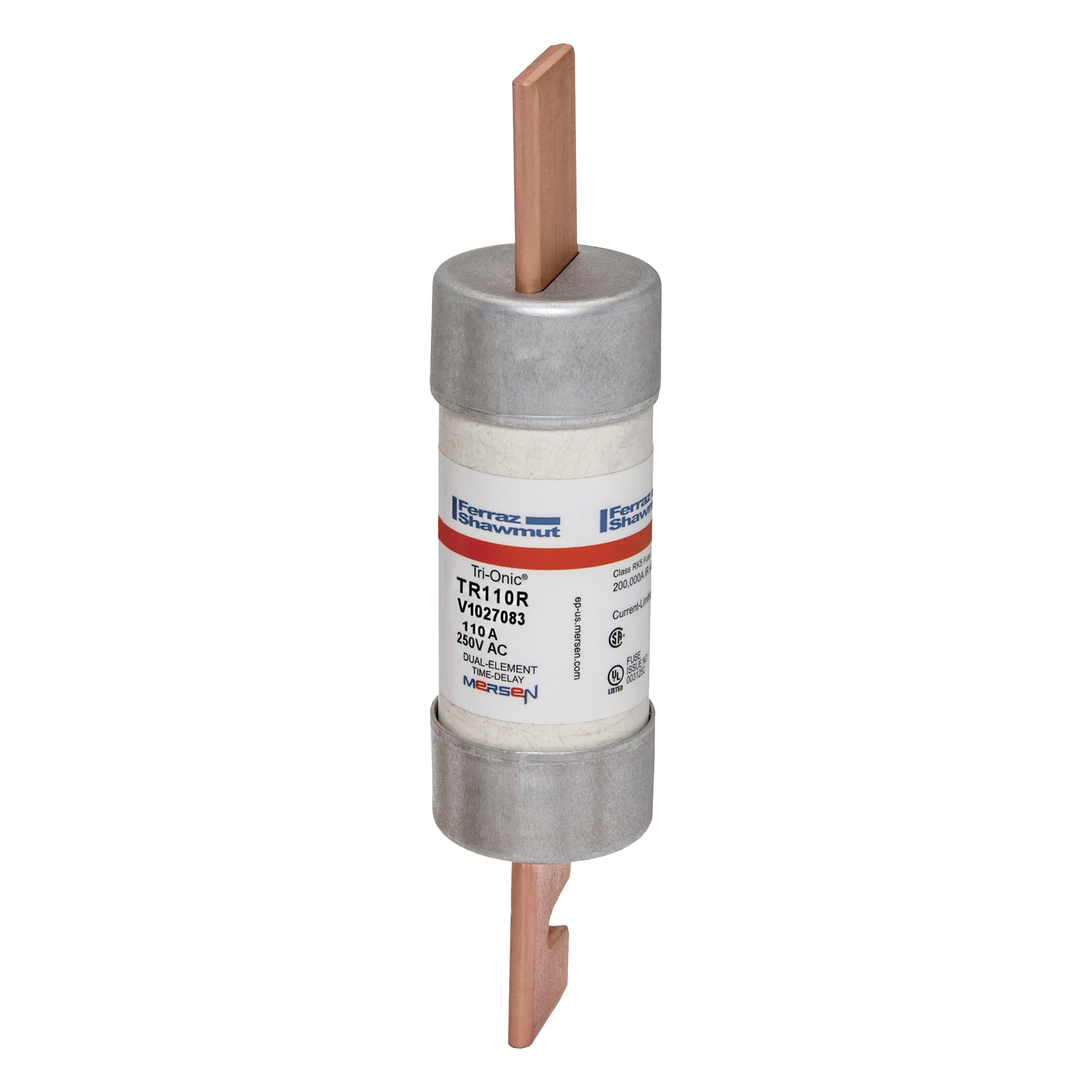 TR110R Tri-Onic Current Limiting Low Voltage Time Delay Fuse, 110 A, 250 V AC/DC, 200/20 kA Interrupt, RK5 Class, Cylindrical Body