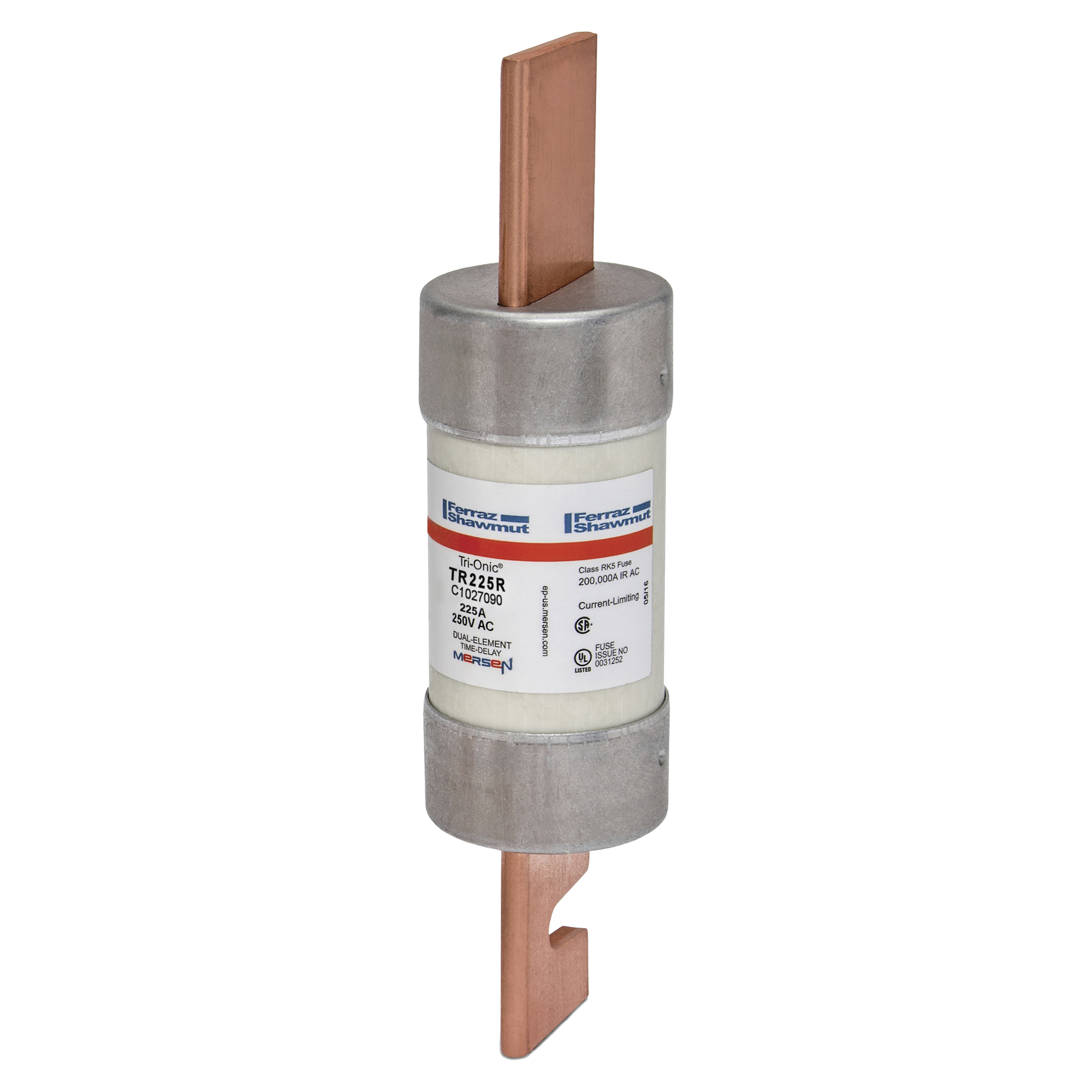TR225R Tri-Onic Current Limiting Low Voltage Time Delay Fuse, 225 A, 250 V AC/DC, 200/20 kA Interrupt, RK5 Class, Cylindrical Body