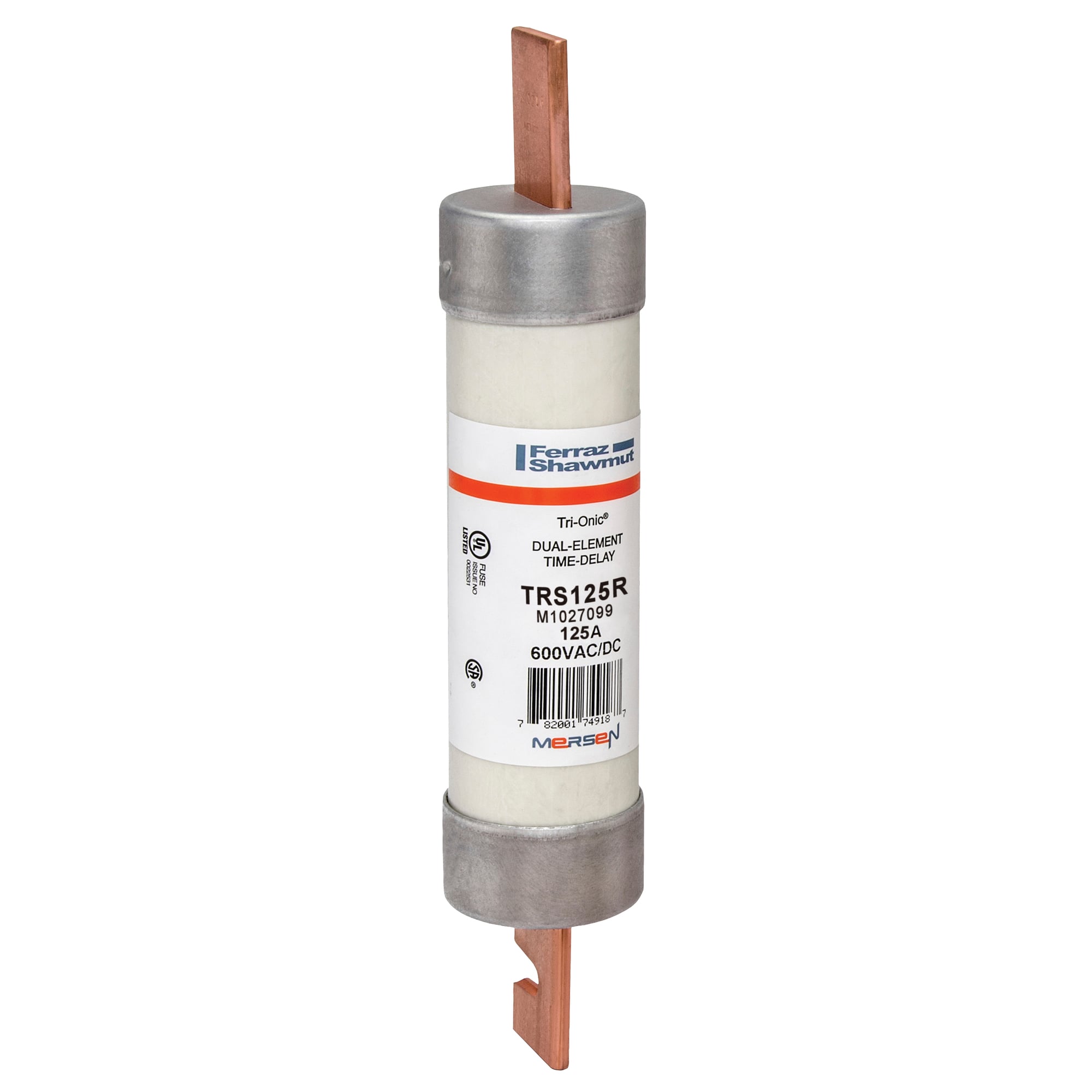 TRS125R Tri-Onic Current Limiting Low Voltage Time Delay Fuse, 125 A, 600 V AC/DC, 200/100 kA Interrupt, RK5 Class, Cylindrical Body