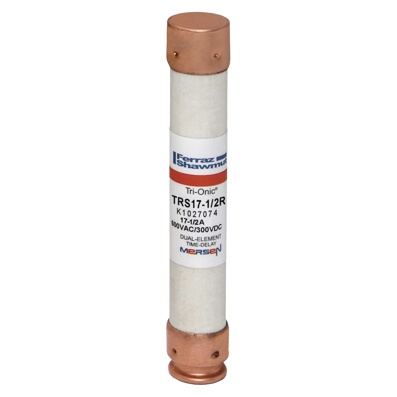 TRS17-1/2R Tri-Onic Current Limiting Low Voltage Time Delay Fuse, 17-1/2 A, 600 V AC/300 V DC, 200/20 kA Interrupt, RK5 Class, Cylindrical Body