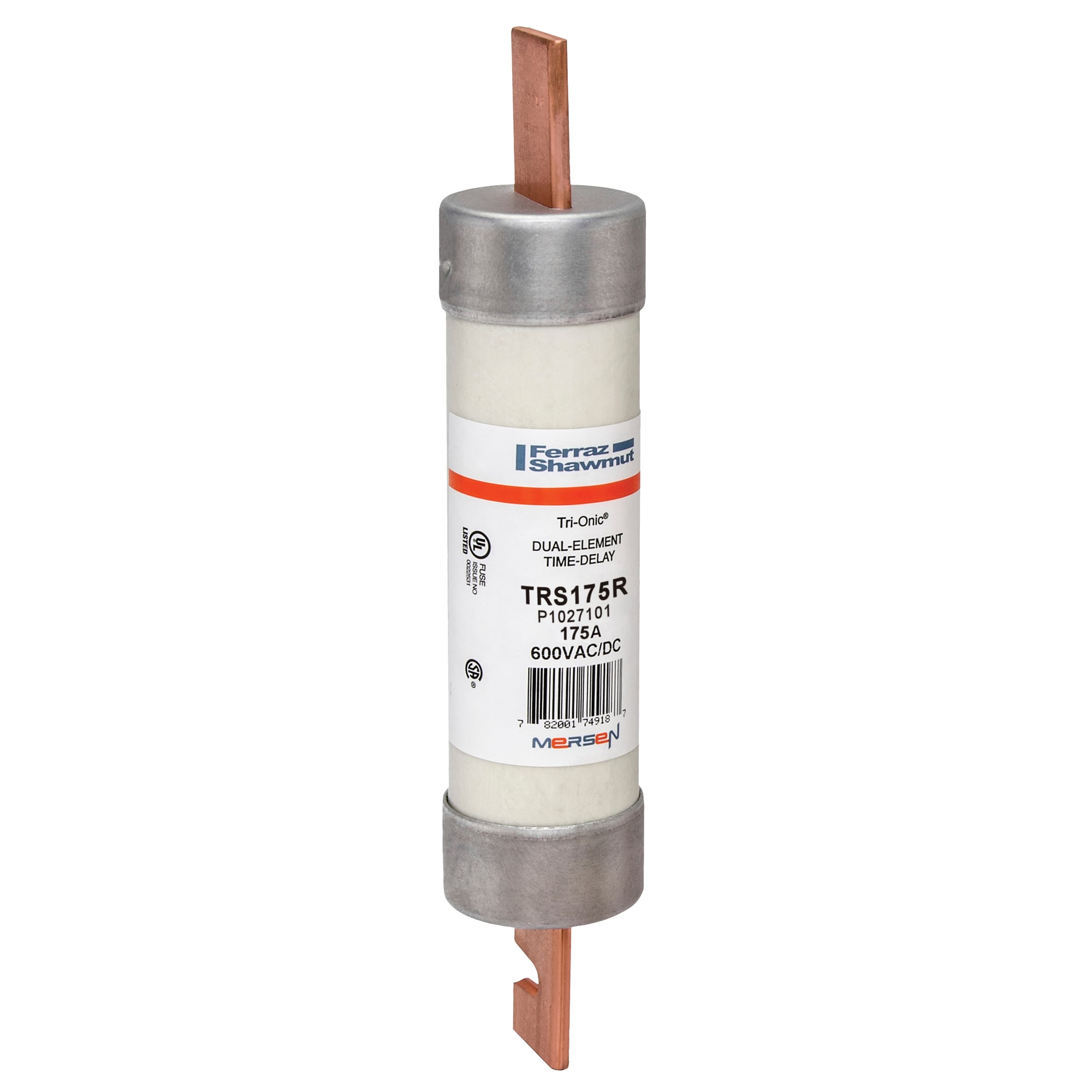 TRS175R Tri-Onic Current Limiting Low Voltage Time Delay Fuse, 175 A, 600 V AC/DC, 200/100 kA Interrupt, RK5 Class, Cylindrical Body