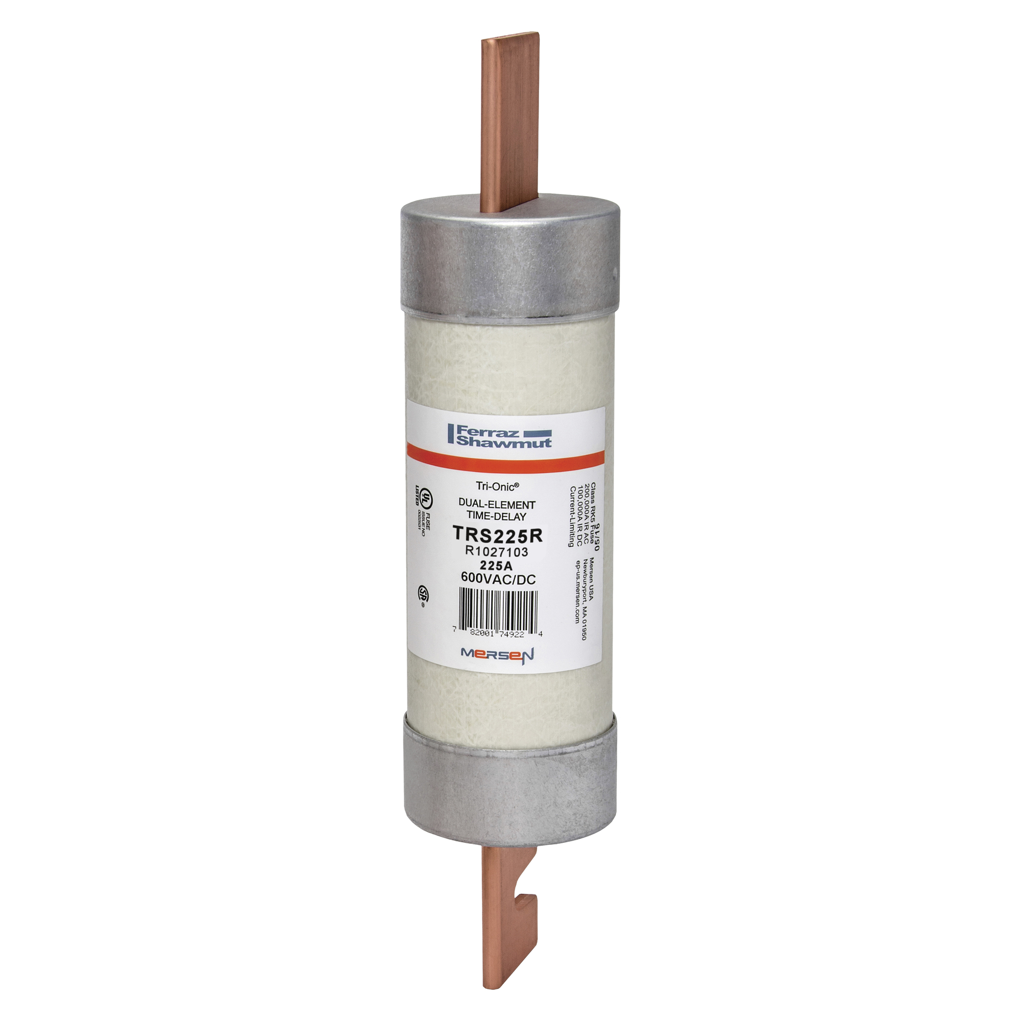 TRS225R Tri-Onic Current Limiting Low Voltage Time Delay Fuse, 225 A, 600 V AC/DC, 200/100 kA Interrupt, RK5 Class, Cylindrical Body