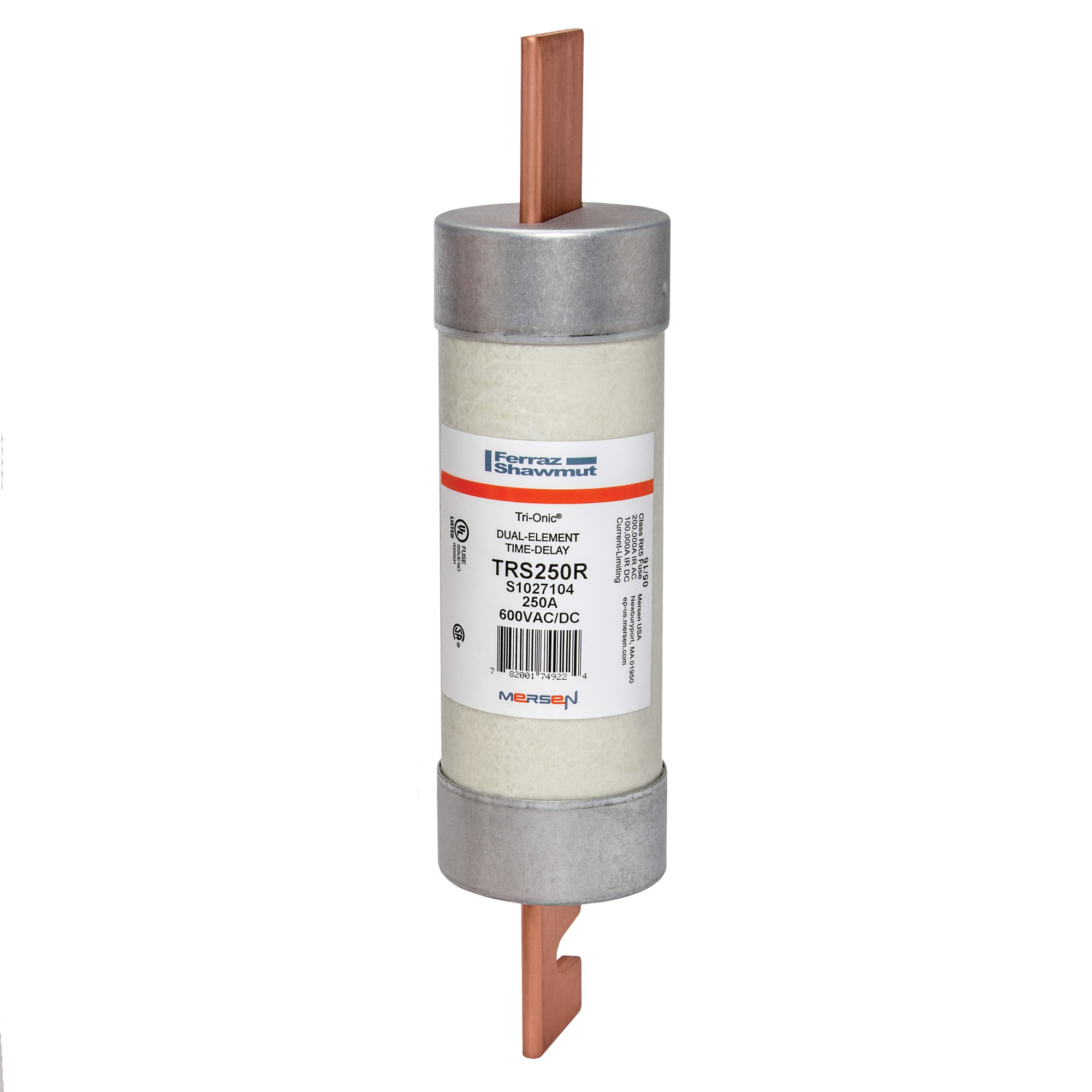 TRS250R Tri-Onic Current Limiting Low Voltage Time Delay Fuse, 250 A, 600 V AC/DC, 200/100 kA Interrupt, RK5 Class, Cylindrical Body