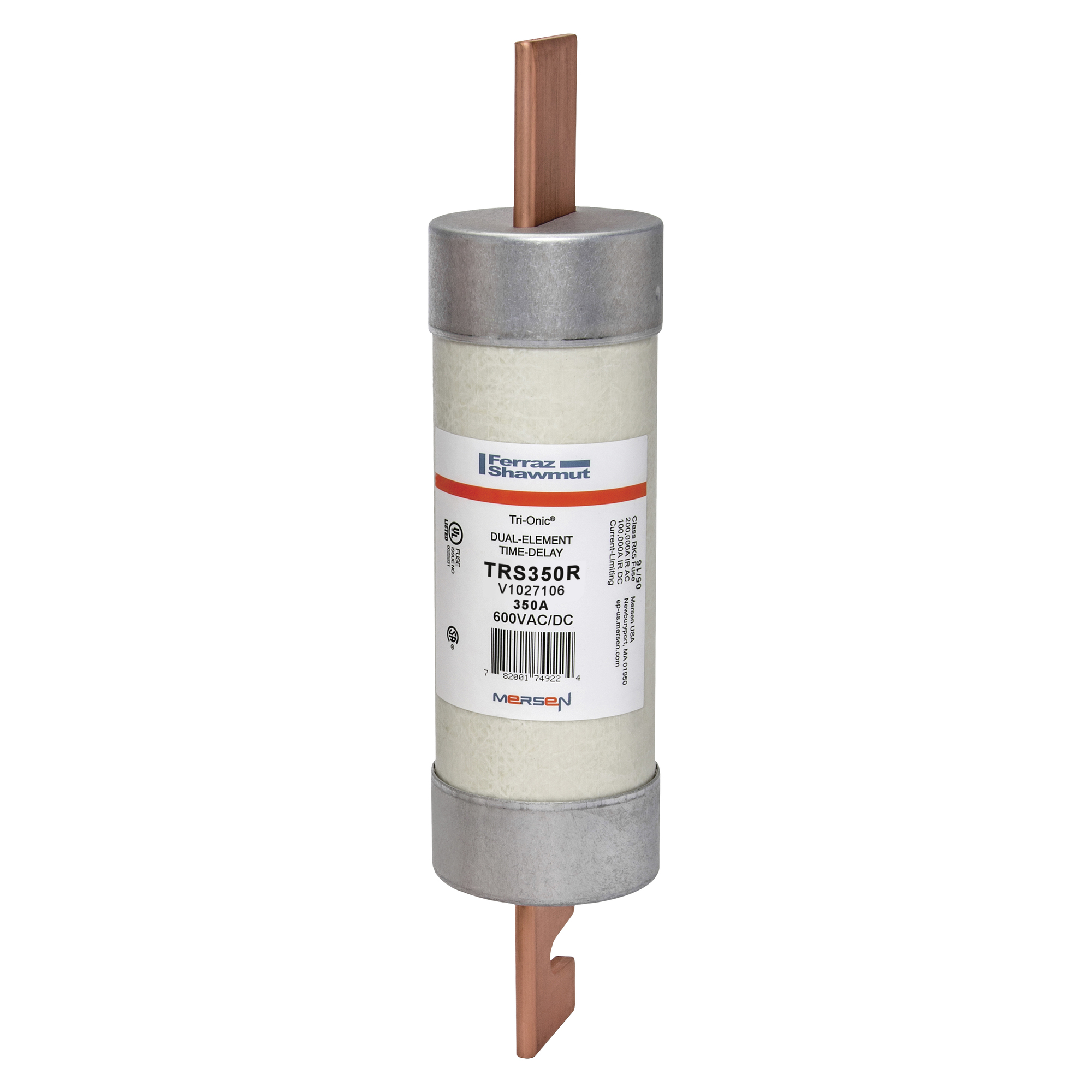 TRS350R Tri-Onic Current Limiting Low Voltage Time Delay Fuse, 350 A, 600 V AC/DC, 200/100 kA Interrupt, RK5 Class, Cylindrical Body