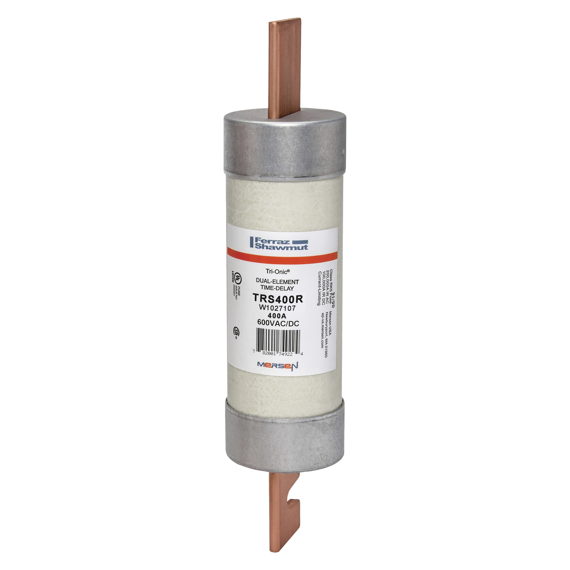 TRS400R Tri-Onic Current Limiting Low Voltage Time Delay Fuse, 400 A, 600 V AC/DC, 200/100 kA Interrupt, RK5 Class, Cylindrical Body