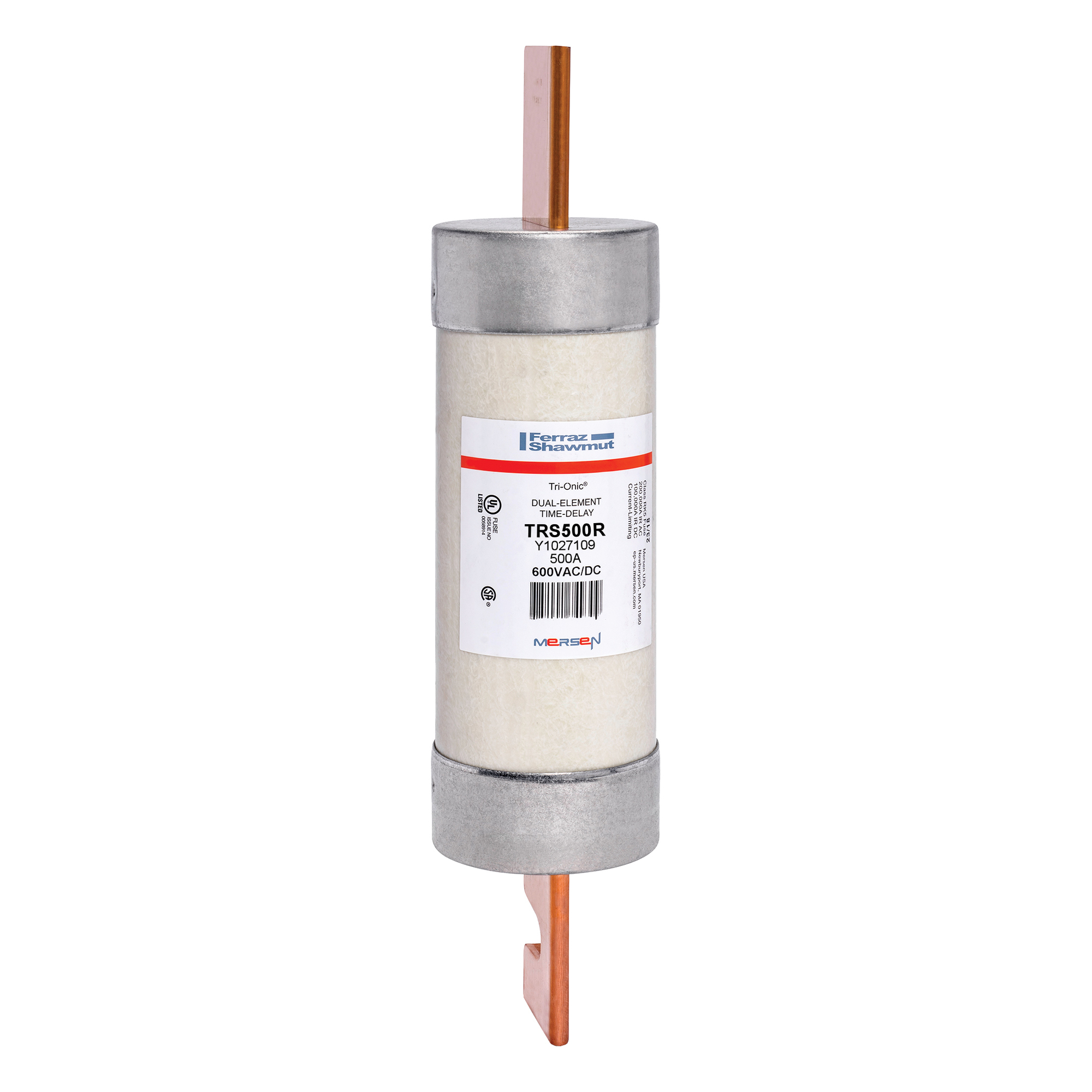 TRS500R Tri-Onic Current Limiting Low Voltage Time Delay Fuse, 500 A, 600 V AC/DC, 200/100 kA Interrupt, RK5 Class, Cylindrical Body